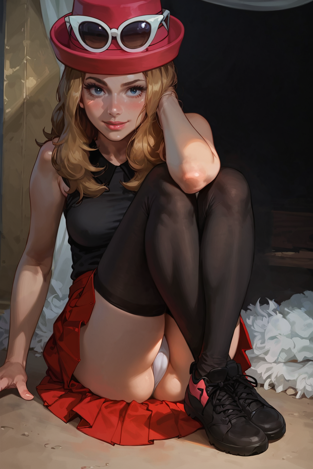 1girls ai_generated cute dressed female panties petite playfulslothh pokegirl pokemon seductive_look serena_(pokemon) slim solo_female stockings teenager upskirt