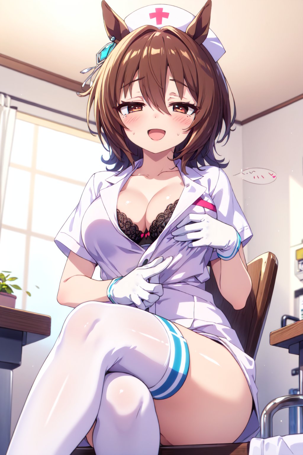 agnes tachyon (umamusume), ahoge, ai generated, animal ears, brown hair, female, horse girl, nurse, nurse uniform, red eyes, umamusume, umamusume pretty derby