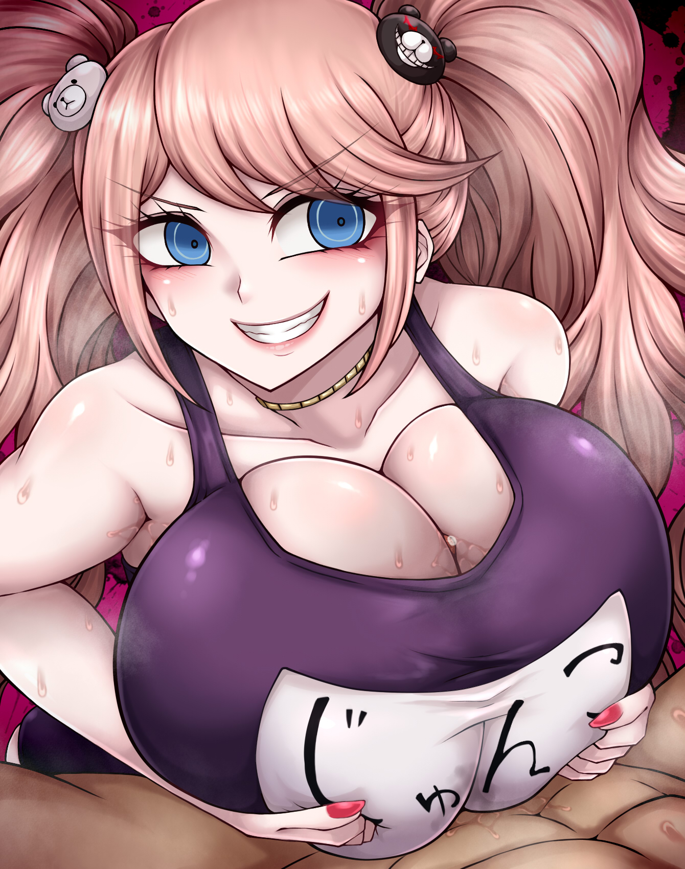 1girls, beruzumi-m, big breasts, blue eyes, breasts, cleavage, danganronpa, female, huge breasts, junko enoshima, paizuri, school swimsuit, straight hair, strawberry blonde hair, sweat, sweatdrop, swimsuit, tagme, twintails