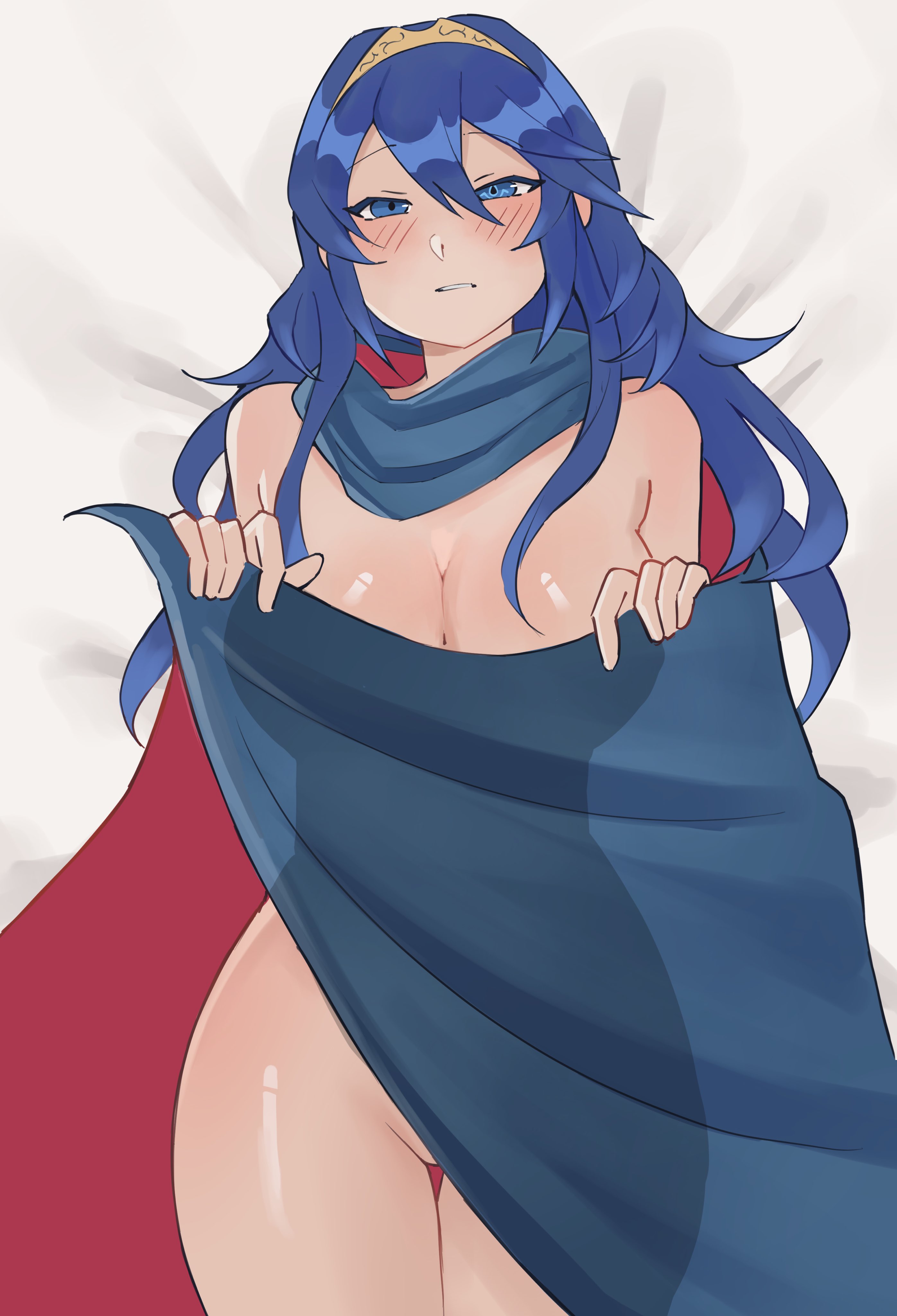 1girls, alternate breast size, bellfonts, blue eyes, blue hair, brand of the exalt, breasts, cape, cleavage, completely nude, female, female only, fire emblem, fire emblem awakening, functionally nude, functionally nude female, large breasts, looking at viewer, lucina (fire emblem), naked cape, nintendo, nude, nude female, on back, on bed, solo, symbol-shaped pupils, thighs, tiara