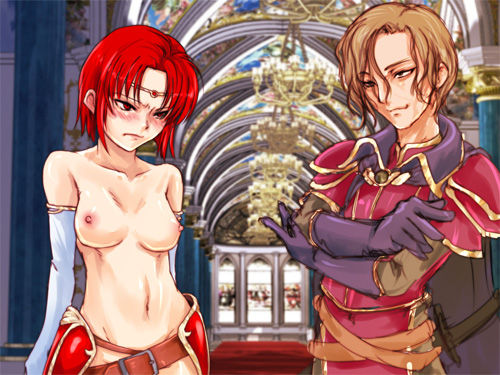 1boy 1girls angry armor belt black_gloves blush breasts brown_hair buckle church circlet collarbone crossed_arms elbow_gloves embarrassed fake_screenshot female fire_emblem fire_emblem:_the_binding_blade frown gloves groin half-closed_eyes headpiece hechikanism humiliation indoors looking_away lowres melady_(fire_emblem) narcian_(fire_emblem) nintendo nipples nude out-of-frame_censoring pillar red_hair short_hair shoulder_pads topless