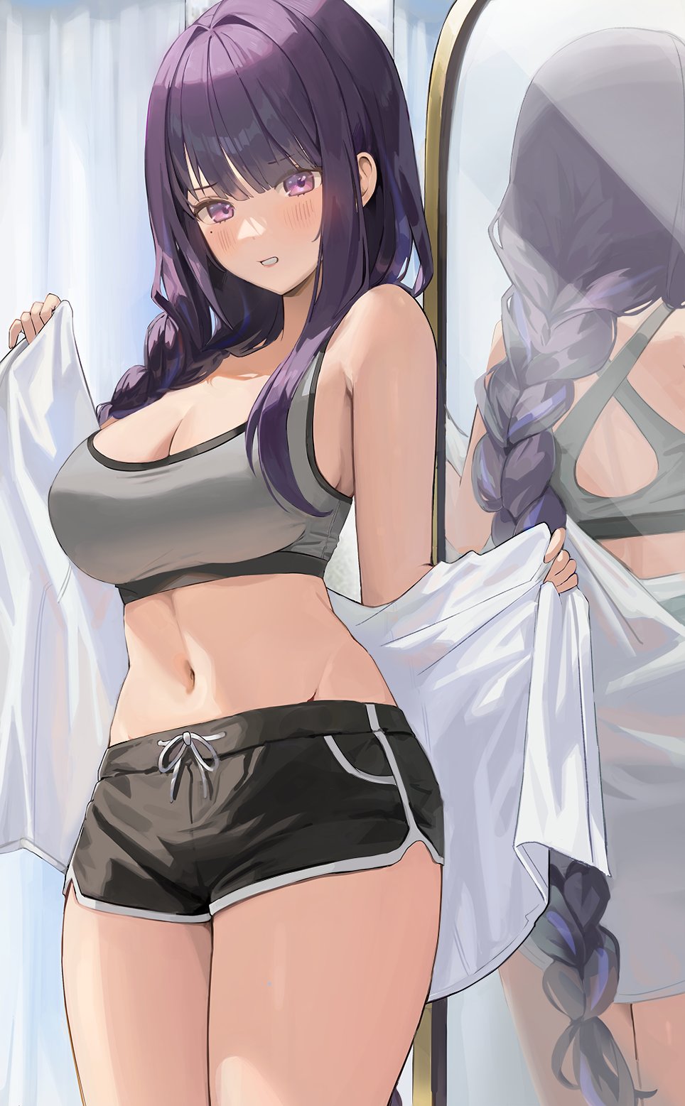 1girls, alternate costume, beauty mark, blush, braided hair, breasts, cleavage, clothing, female, genshin impact, gym clothes, large breasts, looking at viewer, midriff, mirror, mirror selfie, raiden shogun, shorts, solo, solo female, sports bra, sportswear, thick thighs, thighs