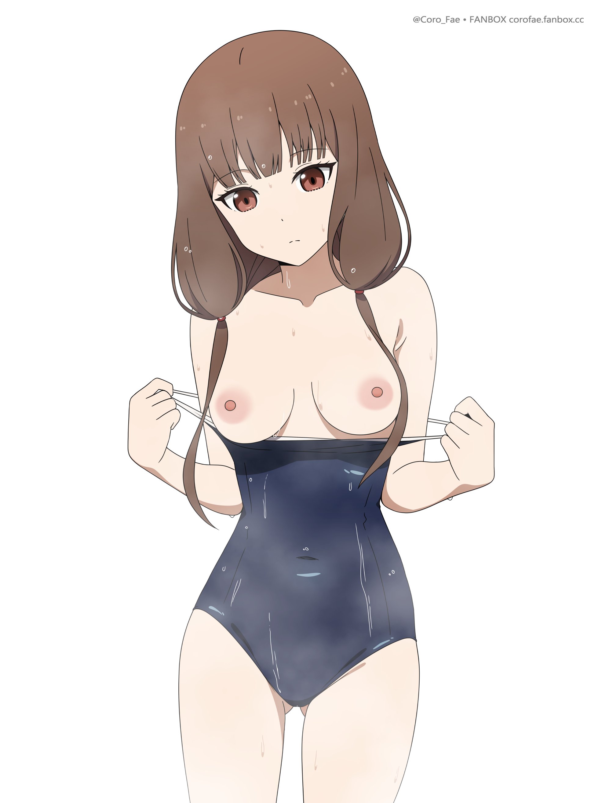 1girls, alternate version available, bangs, belly, breasts, brown eyes, brown hair, collarbone, coro fae, eyebrows visible through hair, female, female only, highres, iino miko, kaguya-sama wa kokurasetai ~tensai-tachi no renai zunousen~, light skin, light-skinned female, looking at viewer, navel, nipples, one piece swimsuit, one-piece swimsuit, open eyes, partially clothed, simple background, solo, solo female, straight hair, swimsuit, swimwear, thick thighs, thighs, undressing, water, wet, white background