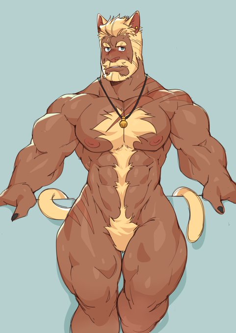 animal_ears bara beard beastman blush chesschirebacon facial_hair male male_only muscles muscular nude solo solo_male tail