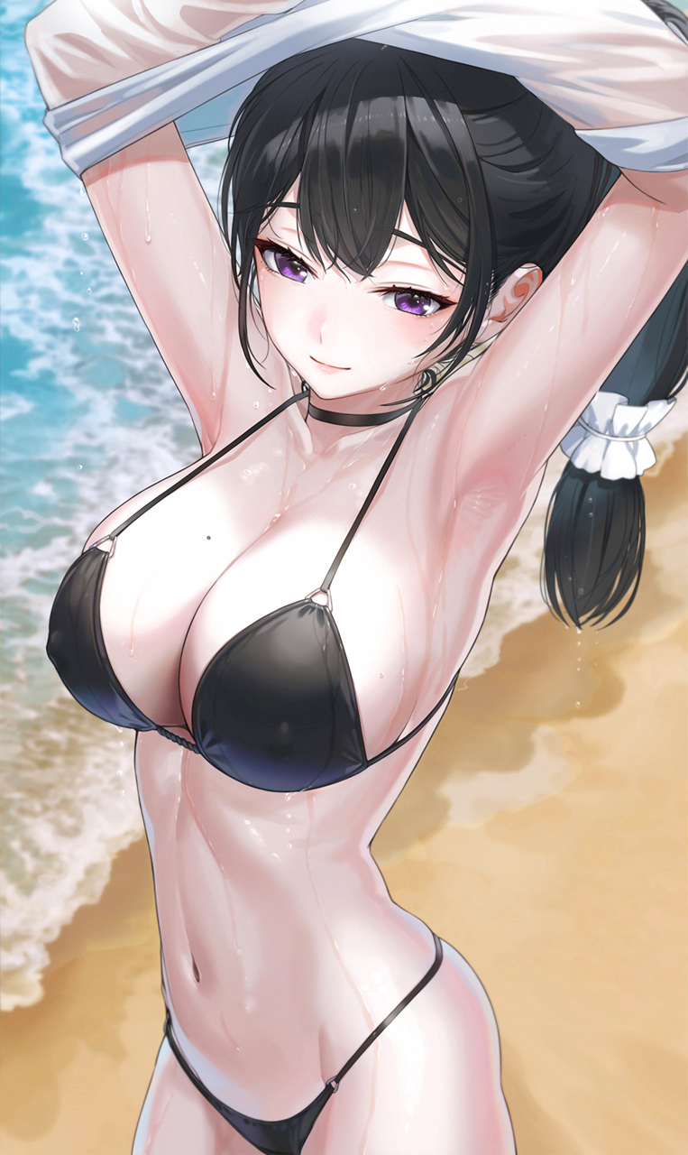 1girls armpits arms_up bare_shoulders beach bikini black_bikini black_choker black_hair breasts choker cleavage closed_mouth clothes_lift collarbone covered_nipples highres kfr large_breasts lifted_by_self long_hair looking_at_viewer low-tied_long_hair mole mole_on_breast navel original purple_eyes revision shirt shirt_lift smile solo stomach strap_gap swimsuit thighs wet wet_clothes wet_shirt white_shirt