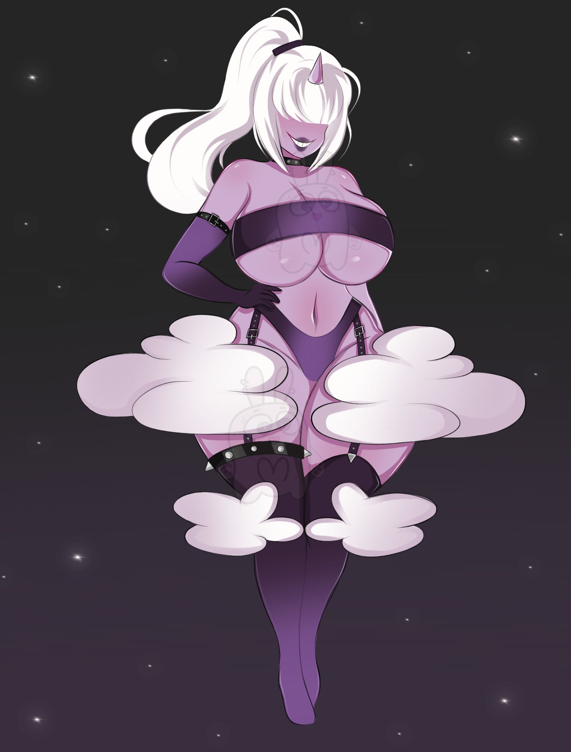 1girls, artist request, ass, big ass, big breasts, big thighs, breasts, dazzi (pal), female, female only, gloves, goth, goth girl, hidden eyes, huge ass, huge breasts, huge thighs, pal (species), palworld, panties, ponytail, purple body, purple lipstick, raijin daughter, solo, tagme, thick hips, thick thighs, thighhighs, thighs, white hair