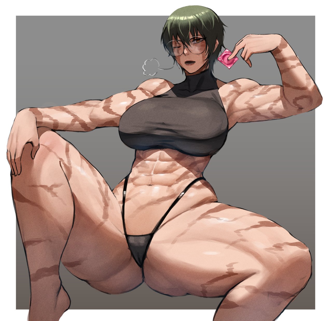 1girls, anhuzart, breasts, condom, condom wrapper, dominant female, dommy mommy, ethan69 (artist), female, glasses, green hair, green-haired female, jujutsu kaisen, large breasts, looking at viewer, muscular, muscular female, muscular thighs, one eye closed, presenting, scar, scars, short hair, solo, spread legs, thick thighs, thong, very short hair, wide hips, wide thighs, zenin maki