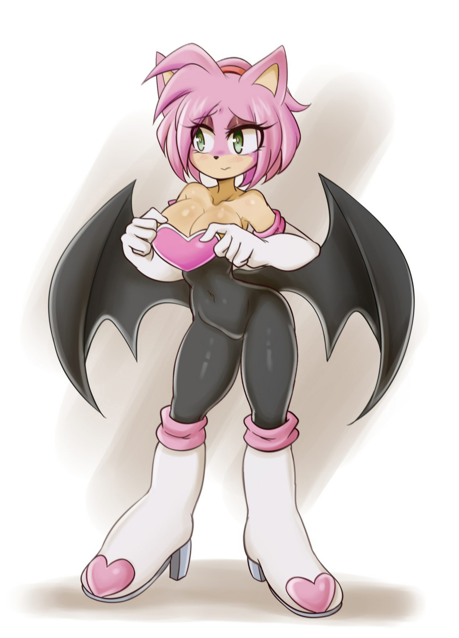 1girls, 2d, 2d (artwork), 2d artwork, amy rose, amy the bat, ass, bat wings, belly button, big ass, big breasts, big butt, bodysuit, boots, breasts, chest plate, clothing, eyelashes, eyeshadow, female, female focus, female only, gloves, half-closed eyes, large breasts, latex, latex clothing, latex suit, latex thighhighs, lucyfercomic, rouge the bat (cosplay), sega, solo, sonic (series), sonic the hedgehog (series), standing, thick thighs, thin waist, wide hips