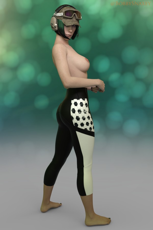 1girls, 3d, 3d (artwork), areola, areolae, ass, big ass, big breasts, big butt, bob cut, bobbysnaxey, breasts, breasts out, cg, daz studio, ela (rainbow six), exposed breasts, eyewear, feet, female, female focus, female only, freckles, goggles, green hair, hat, headphones, headwear, leggings, light skin, light-skinned female, looking back, medium breasts, nail polish, nipples, pale skin, pale-skinned female, pose, rainbow six, rainbow six siege, short hair, solo, solo female, solo focus, tight clothing, topless, white body, white skin