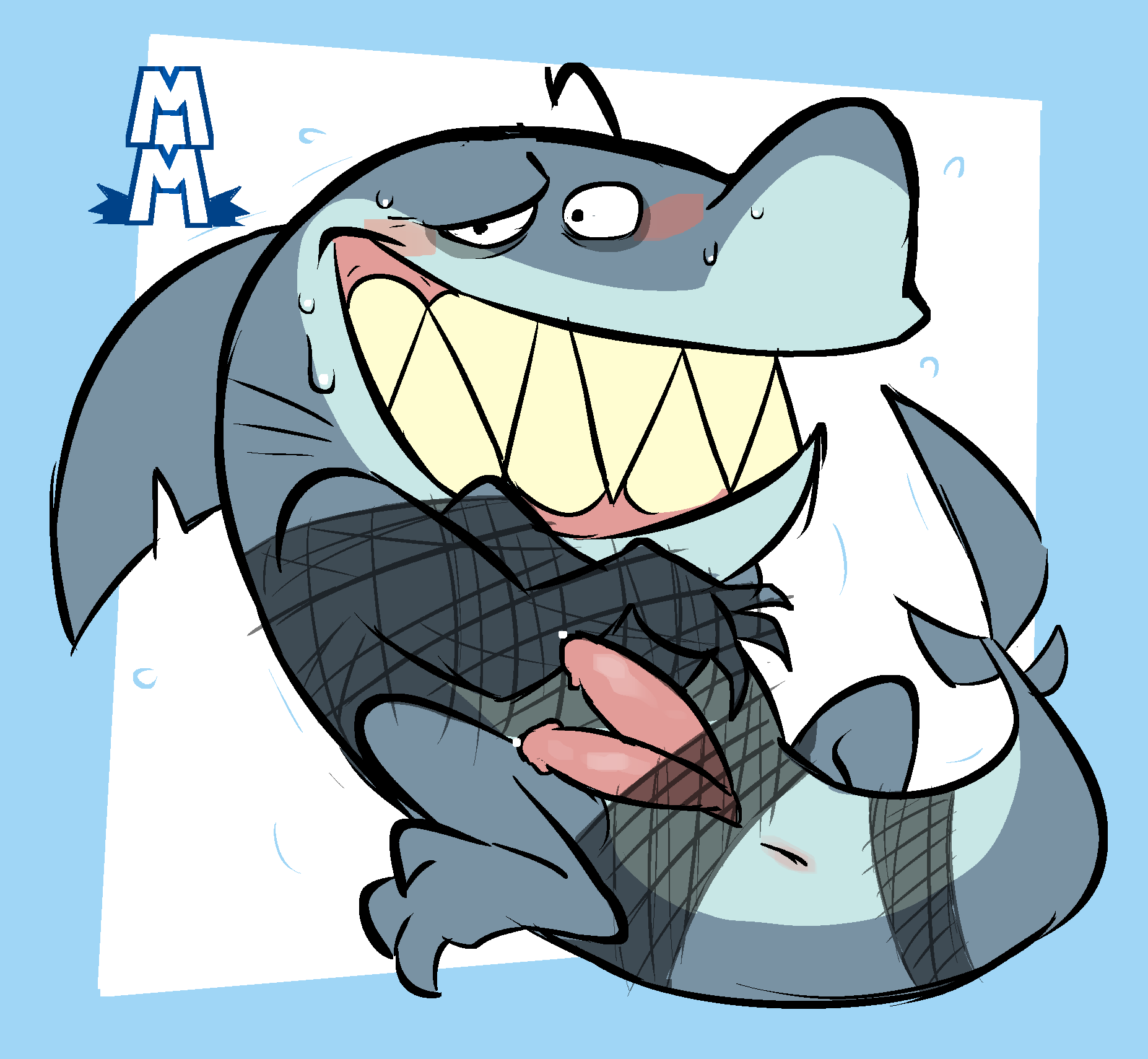 2021 anthro anus bound digital_media_(artwork) diphallia diphallism fang_(total_drama_island) fish genitals grey_body hi_res male male_focus male_only marine multi_genitalia multi_penis net penis shark sharp_teeth solo solo_male teeth torquewintress total_drama_island