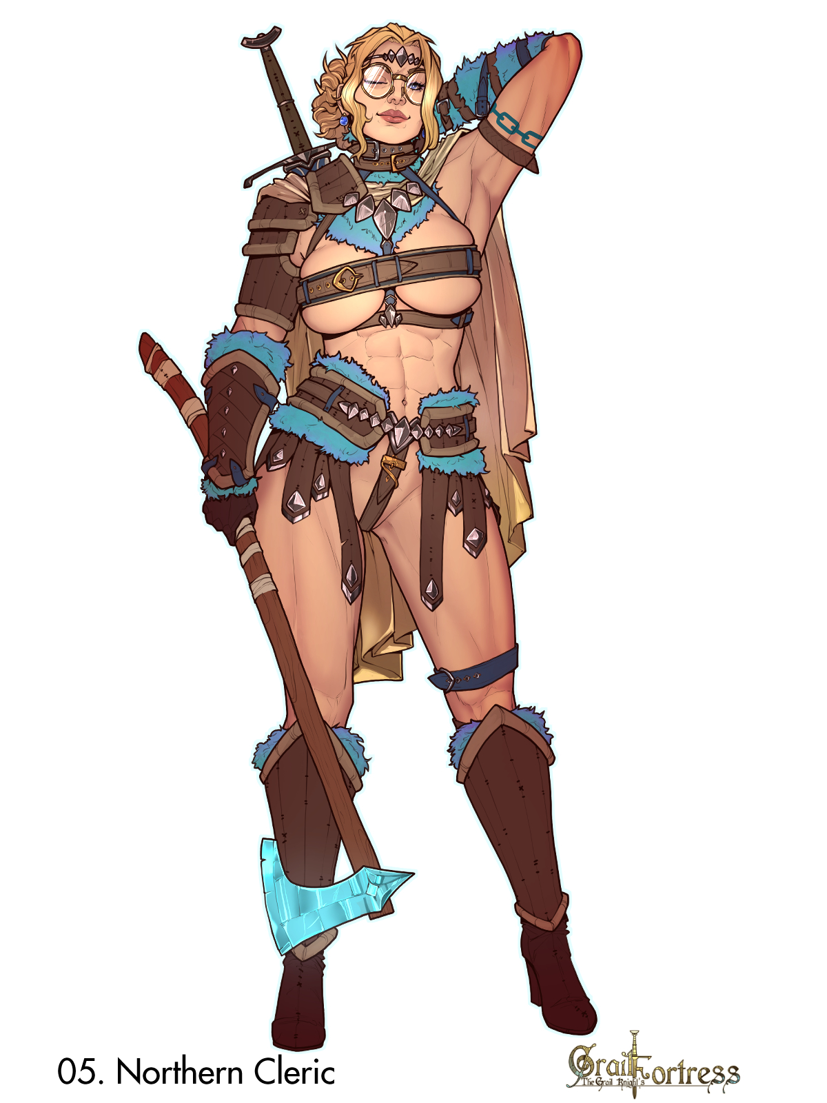 1girls, abs, armor, axe, beltskirt, blonde hair, boots, breasts, cape, female, front view, galaad1800, glasses, high heel boots, high heels, large breasts, leather straps, midriff, muscular, muscular arms, muscular female, muscular thighs, page 5, revealing clothes, simple background, skimpy armor, skindentation, solo female, standing, sword, thong, unconvincing armor, useless armor, useless clothing, white background, winking