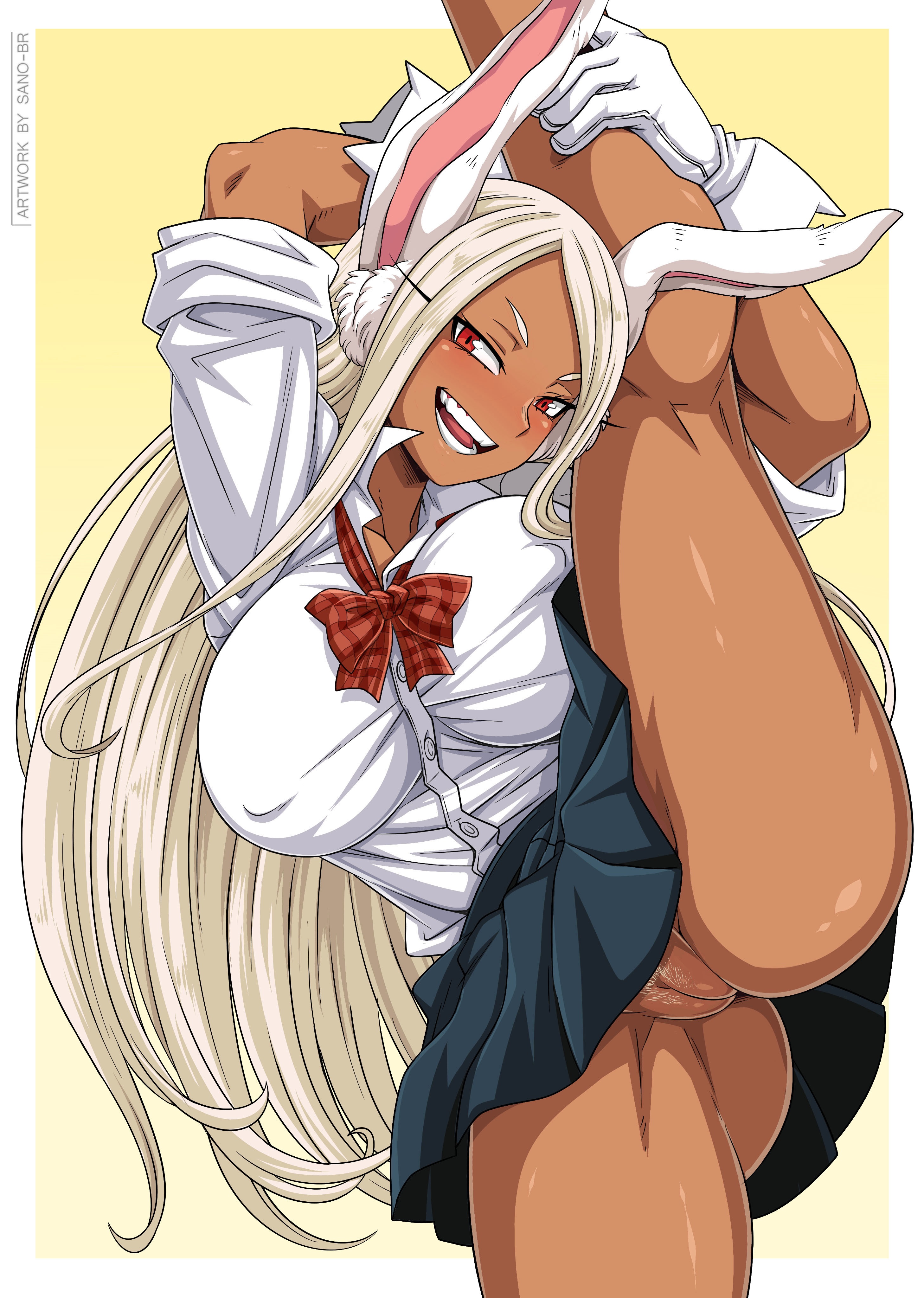 1girls, ass, athletic, athletic female, breasts, bubble ass, bubble butt, busty, card (medium), dark skin, dark-skinned female, erect nipples, female, female focus, female only, going commando, hourglass figure, innie pussy, kemonomimi, long hair, miruko, my hero academia, nipple bulge, nipples, no panties, pubes, pubic hair, pubic hair peek, pussy, pussy stubble, rabbit ears, rabbit tail, rumi usagiyama, sano-br, school uniform, schoolgirl, shounen jump, skirt, sleeves rolled up, slim waist, solo, solo female, spread legs, standing on one leg, tagme, thick thighs, toned, toned female, vagina, variant set, white hair, wide hips