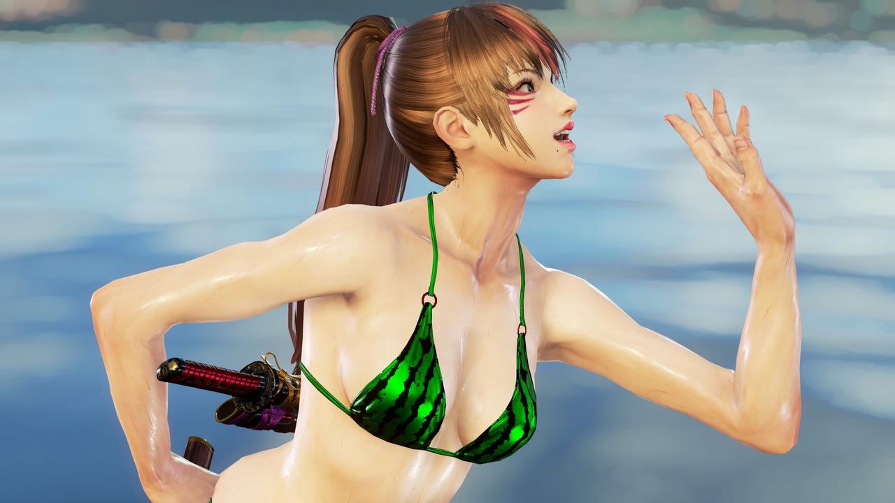 1girls 3d alluring bikini black_and_red_and_purple_hair facial_markings female female_only infinite_azure kazuhiroclove kunimitsu_ii kunoichi modeling namco salar_de_uyuni solo swimsuit tekken tekken_7 watermelon_bikini