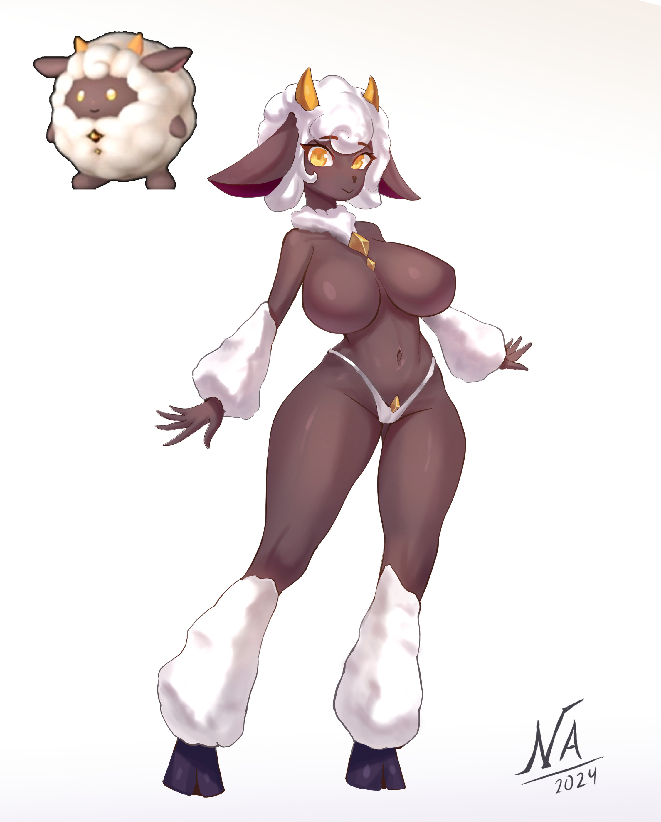 anthro, artist request, ass, big ass, big breasts, big thighs, breasts, dark skin, dark-skinned female, female, fluffy, fur, furry, horns, huge ass, huge breasts, huge thighs, human, humanized, lamball, looking at viewer, non-mammal breasts, pal (species), palworld, panties, tagme, thick hips, thick thighs, thighs, yellow eyes