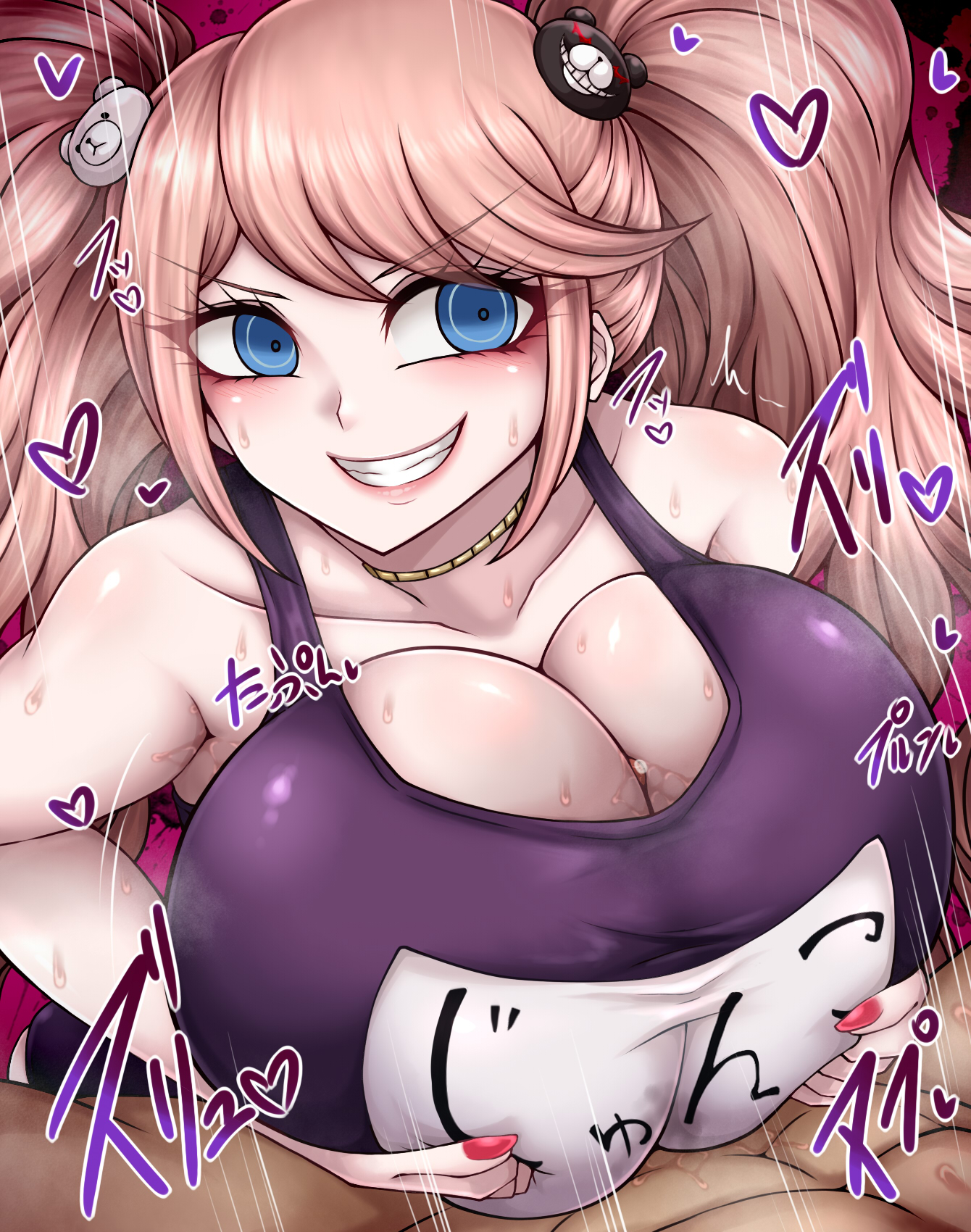 1girls, beruzumi-m, big breasts, breasts, cleavage, danganronpa, female, huge breasts, junko enoshima, massive breasts, paizuri, school swimsuit, straight hair, sweat, sweatdrop, swimsuit, tagme, twintails