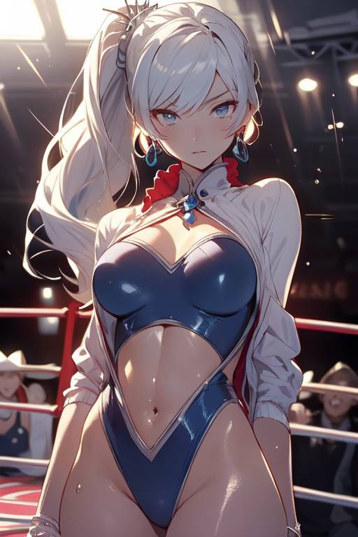 ai_generated blue_eyes codestormcynet earrings rwby vale_outfit weiss_schnee weiss_schnee_(vale) white_hair wrestling_outfit