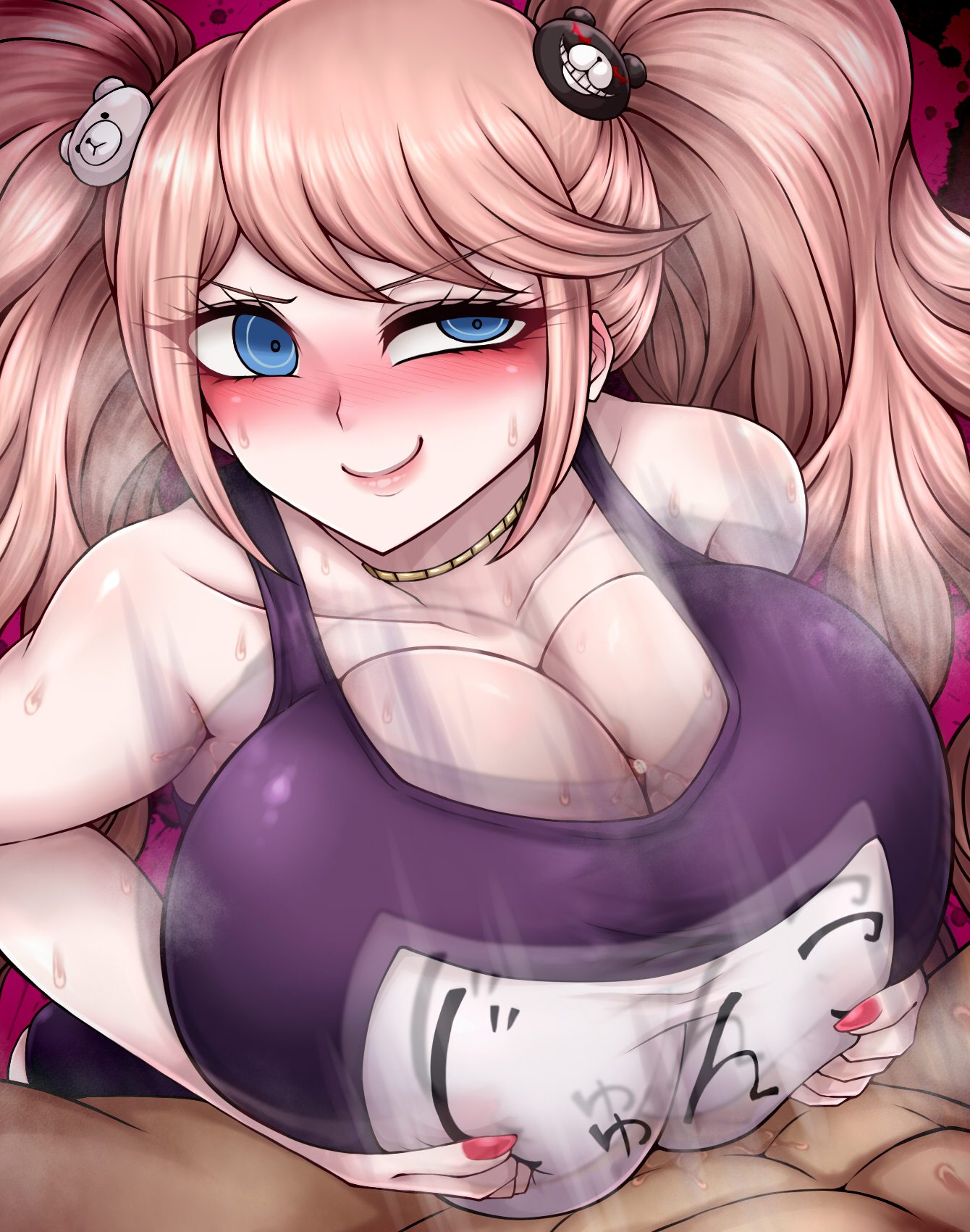 1girls, alternate breast size, beruzumi-m, big breasts, blue eyes, breasts, cleavage, danganronpa, engulfing paizuri, female, huge breasts, junko enoshima, large breasts, paizuri, paizuri lead by female, paizuri on lap, school swimsuit, straight hair, strawberry blonde hair, sweat, sweatdrop, swimsuit, tagme, tip peeking, twintails
