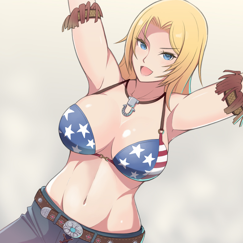 1girls american_flag_bikini blonde_hair cleavage dead_or_alive horseshoe_ornament huge_breasts jeans konishiki_(52siki) looking_at_viewer medium_hair necklace tina_armstrong voluptuous