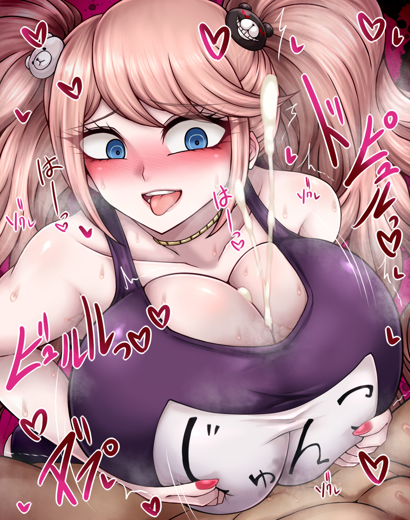 1girls, beruzumi-m, big breasts, breasts, cleavage, cum, cum between breasts, danganronpa, ejaculation, female, huge breasts, junko enoshima, paizuri, school swimsuit, straight hair, sweat, sweatdrop, swimsuit, tagme, twintails