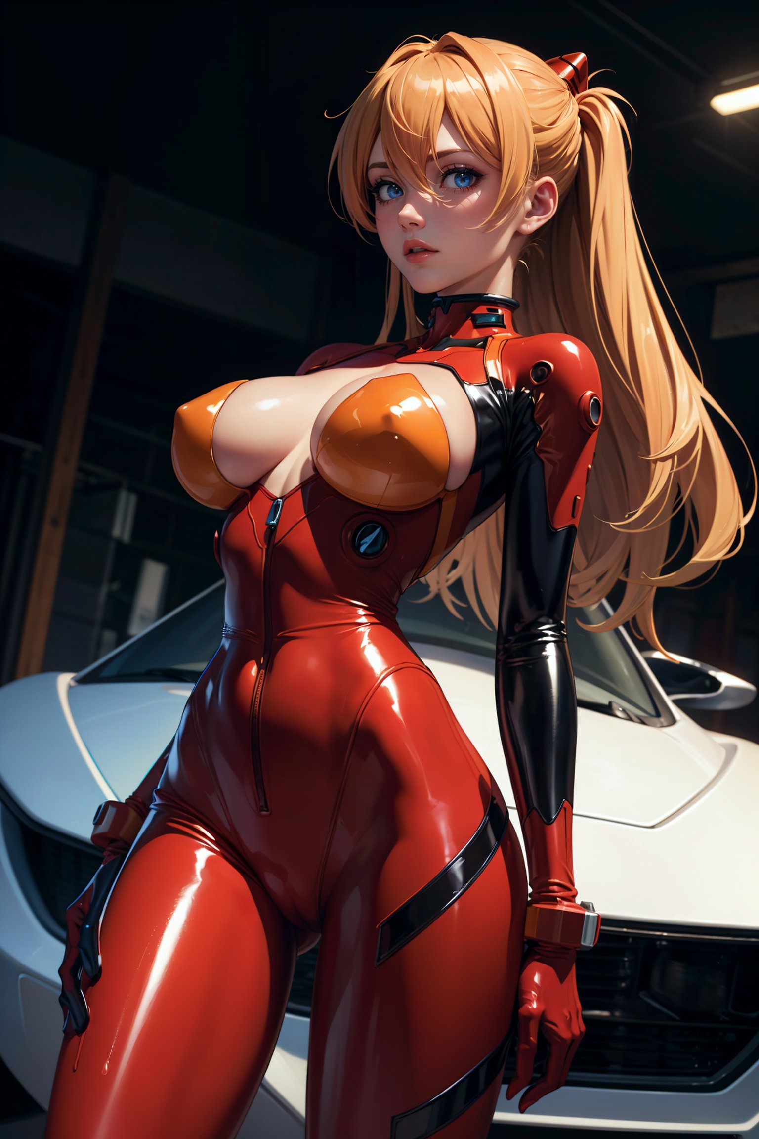 1girls, 2d, aged up, ai generated, asuka langley sohryu, big breasts, breasts, car, female, latex, long hair, looking at viewer, neon genesis evangelion, orange hair, plugsuit, solo