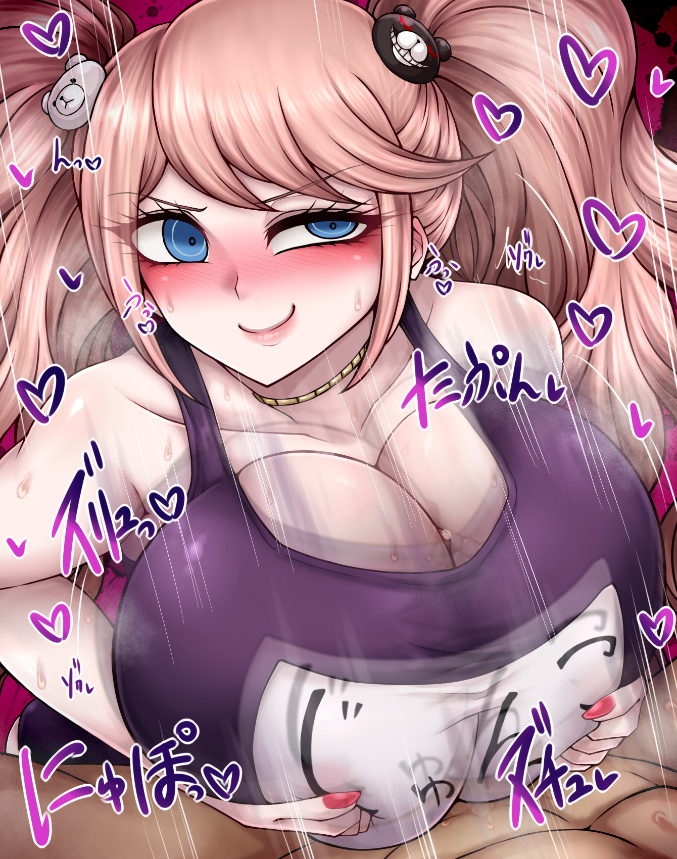 1girls, beruzumi-m, big breasts, breasts, cleavage, danganronpa, female, huge breasts, junko enoshima, paizuri, school swimsuit, straight hair, sweat, sweatdrop, swimsuit, tagme, twintails