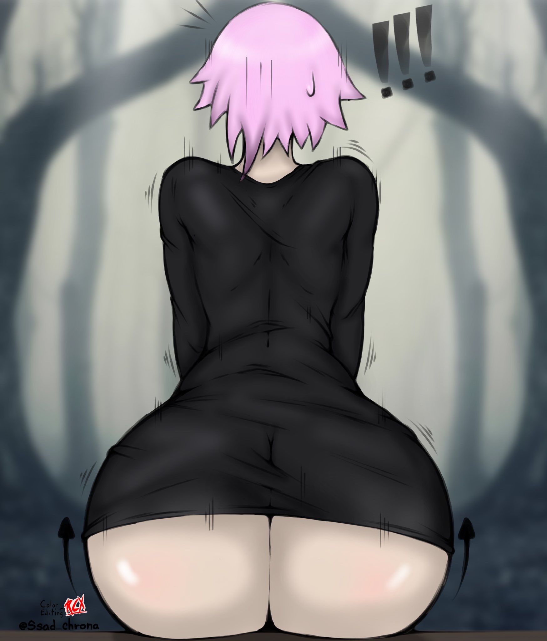 ambiguous gender, androgynous, ass, back, big ass, big butt, chrona draws, clothed, clothing, crona (soul eater), from behind, massive ass, massive butt, nervous, pale skin, pink hair, shocked, small clothes, small clothing, solo, soul eater, tight clothing, white skin