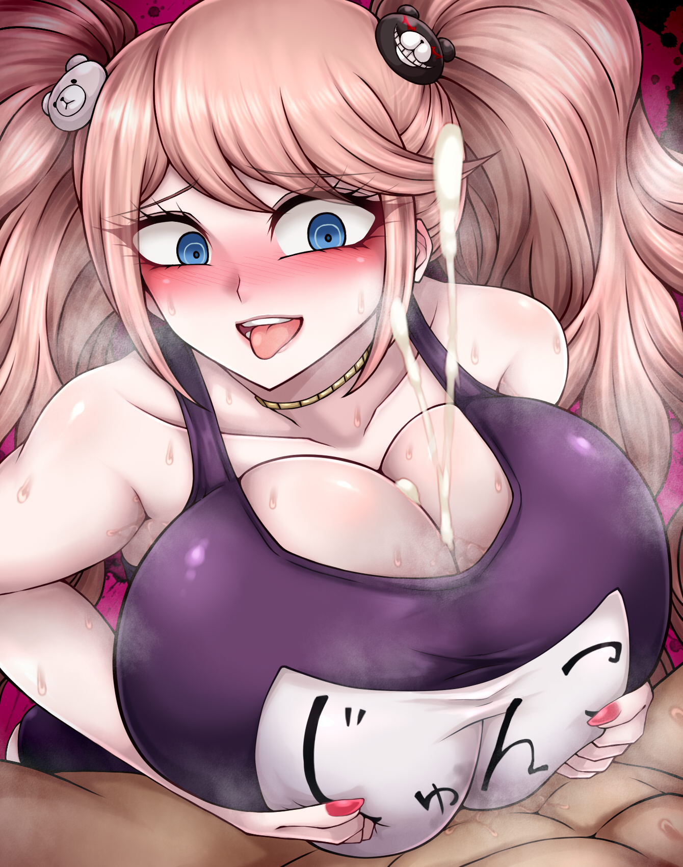 1girls, beruzumi-m, big breasts, blue eyes, breasts, cleavage, cum, cum between breasts, danganronpa, ejaculation, female, huge breasts, junko enoshima, paizuri, school swimsuit, straight hair, strawberry blonde hair, sweat, sweatdrop, swimsuit, tagme, twintails