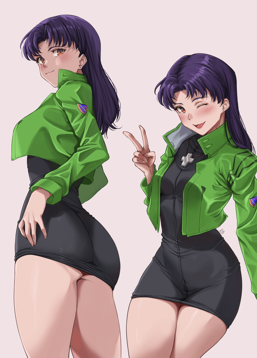 1girls ;d ass big_ass black_dress blush bubble_butt closed_mouth clothing cropped_jacket dat_ass dress earrings female grey_background hand_on_hip jacket jewelry long_hair long_sleeves looking_at_viewer looking_back misato_katsuragi multiple_views necklace neon_genesis_evangelion one_eye_closed open_clothes open_jacket open_mouth orange_eyes pencil_skirt purple_hair red_jacket ryudraw short_dress signature simple_background sitting smile stud_earrings v