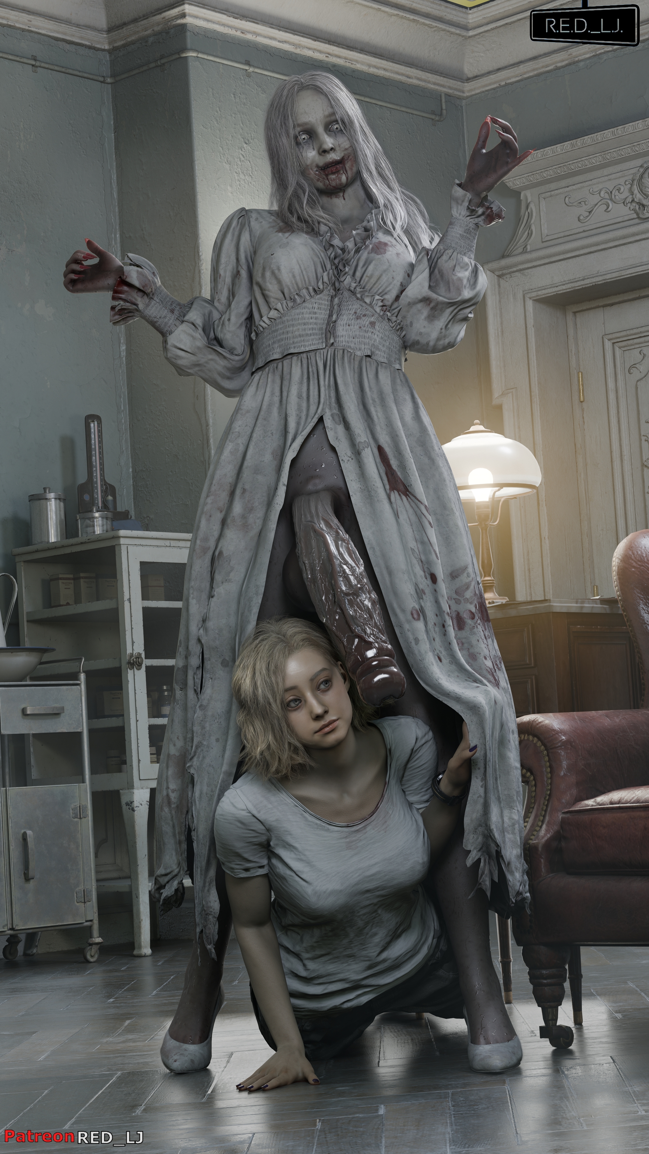 1futa, 1girls, 3d, big balls, big penis, black pupils, blender (software), blonde female, blonde hair, blood, blood in mouth, blood stain, clothed female, clothed futa, dress, female, futa on female, futa with female, futanari, grace ashcroft, grace ashcroft (julia pratt), grey body, grey skin, horny, horny female, horny futa, imminent oral, imminent penetration, imminent rape, imminent sex, looking at penis, pale skin, pale-skinned futa, patreon username, penis, penis close to face, penis on face, red lj, resident evil, resident evil 9: requiem, secretly loves it, selena corey, uncensored, undead, undead futa, veiny penis, white hair, white iris, zombie, zombie futa, zombie girl