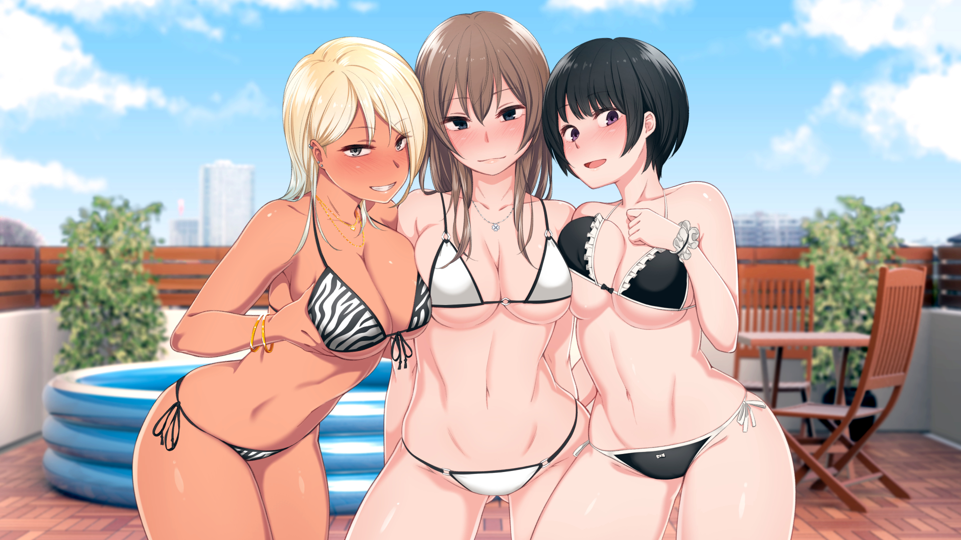 3girls, ass, ass visible through thighs, big breasts, bikini, black bikini, black hair, black swimsuit, blonde hair, blue eyes, blush, breast press, breasts, brown hair, chiaki (uchi no otouto maji de dekain dakedo mi ni konai?), cleavage, female, female only, frilled bikini, frilled swimsuit, frills, game cg, green eyes, gyaru, hips, jewelry, kemuri haku, large breasts, light skin, light-skinned female, looking at viewer, nagisa (uchi no otouto maji de dekain dakedo mi ni konai?), navel, necklace, official art, open mouth, purple eyes, shiny hair, shiny skin, short hair, side-tie bikini, smile, striped bikini, striped swimsuit, swimsuit, tan-skinned female, teenage female, teenager, uchi no otouto maji de dekain dakedo mi ni konai?, white bikini, white swimsuit, wide hips, yukiko (uchi no otouto maji de dekain dakedo mi ni konai?)
