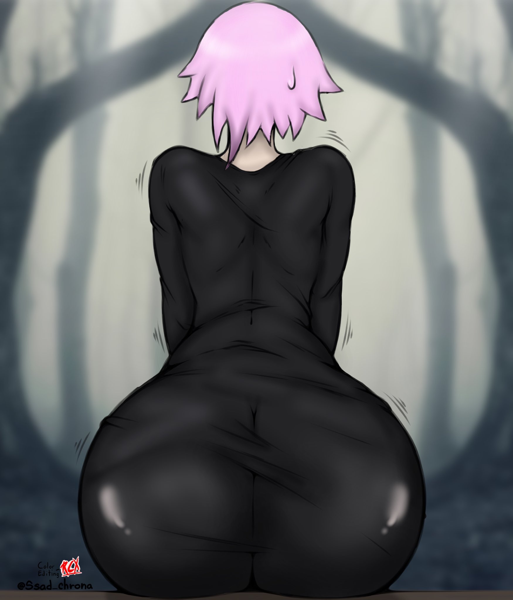 androgynous, ass, ass in dress, back, big ass, big butt, chrona draws, clothed, clothing, crona (soul eater), femboy, feminine male, from behind, male, massive ass, massive butt, nervous, pale skin, pink hair, soul eater, tight clothing, white skin