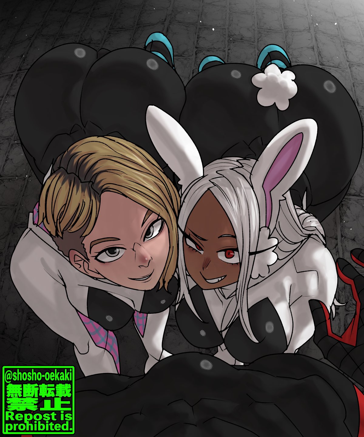 1boy 2girls all_fours ass asymmetrical_hair big_ass big_breasts big_butt blonde_hair blue_eyes bulge bunny_ears bunny_tail crossover dark-skinned_female dark_skin eastern_and_western_character female female_focus fully_clothed gwen_stacy gwen_stacy_(spider-verse) large_ass large_breasts light-skinned_female light_skin male male_pov marvel marvel_comics matching_outfit miruko multiple_girls my_hero_academia pov red_eyes rumi_usagiyama shaved_side shosho_oekaki spider-gwen spider-gwen_(cosplay) spider-man:_into_the_spider-verse spider-man_(miles_morales) spider-man_(series) straight white_hair