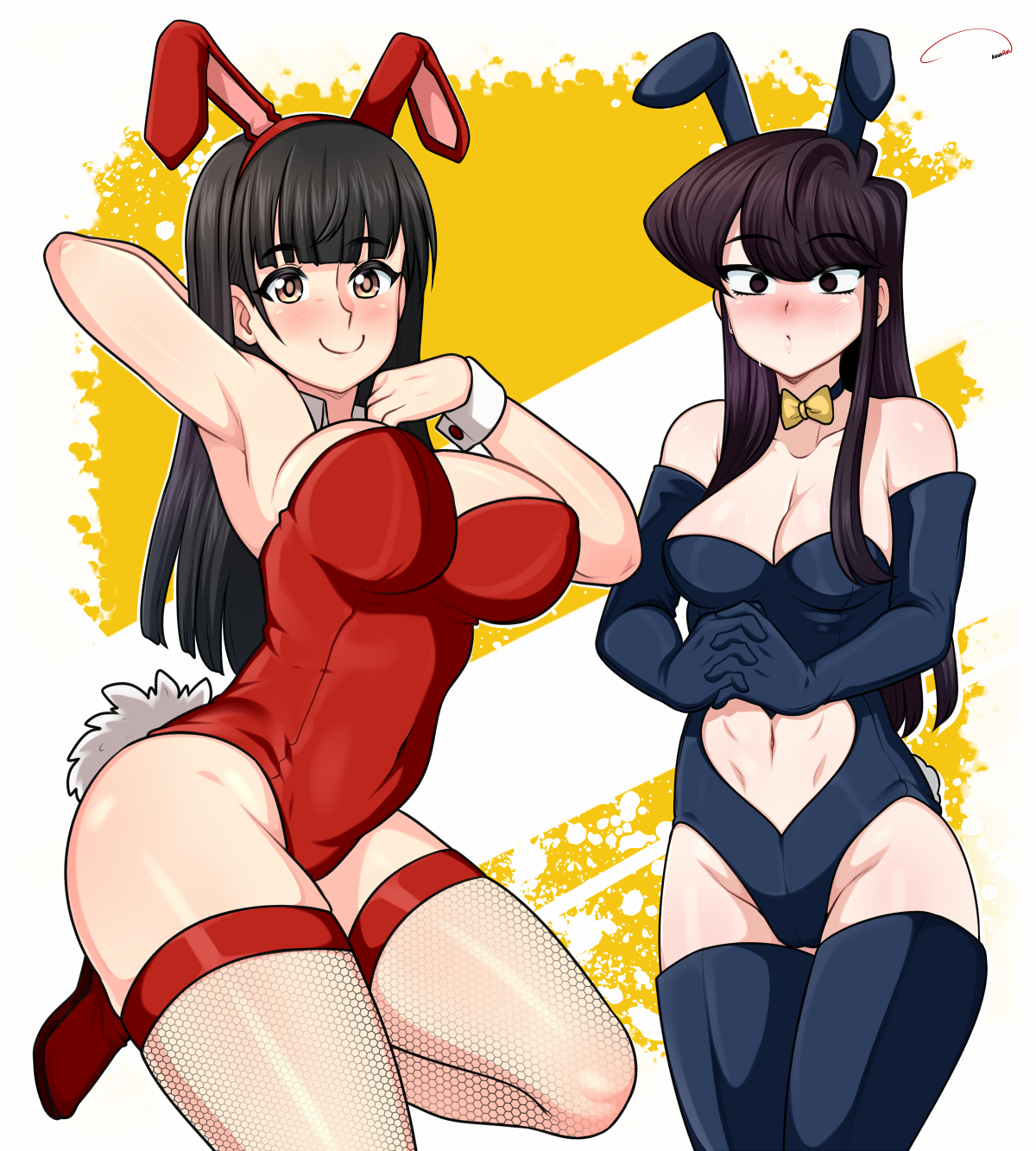 2girls, aldharoku, armpits, bare shoulders, big breasts, black eyes, black hair, blue bunnysuit, blush, boku no kokoro no yabai yatsu, bowtie, breasts, brown eyes, bunny ears, bunnysuit, cleavage, crossover, elbow gloves, female, female focus, female only, fishnets, fully clothed, komi shouko, komi-san wa komyushou desu, legwear, leotard, long gloves, long hair, looking at viewer, navel, pantyhose, red bunnysuit, revealing clothes, shy, smile, solo female, stockings, sweat, sweatdrop, tagme, thick thighs, thighs, yamada anna