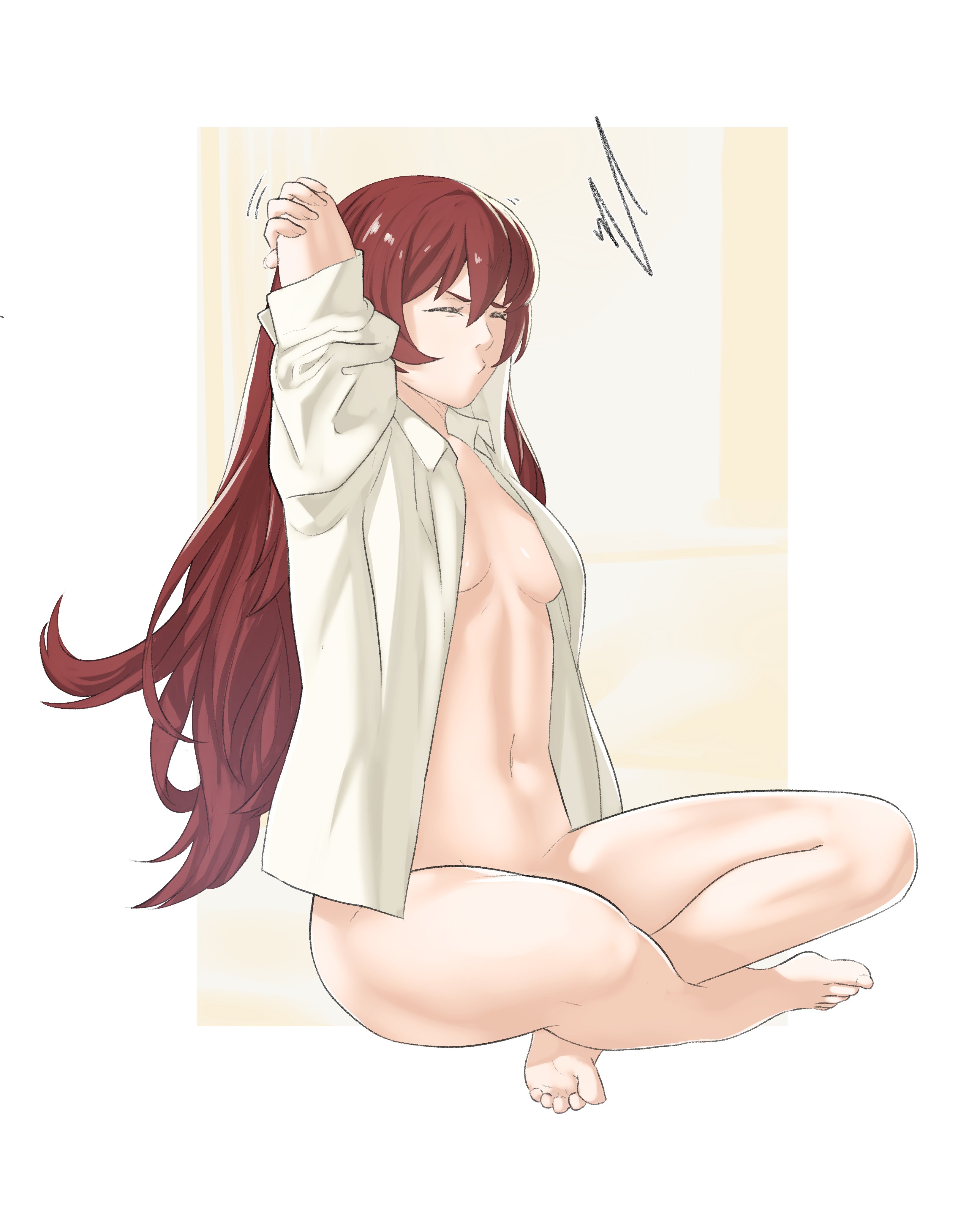 1girls, alternate costume, alternate hairstyle, angry, annoyed, arms behind head, arms up, bare legs, barefoot, bottomless, breasts, breasts apart, closed eyes, closed mouth, collared shirt, crossed legs, dorsiflexion, eyelashes, feet, female, female only, full body, hair between eyes, indian style, legs, long hair, motion lines, naked shirt, navel, open clothes, open shirt, pomelomelon, red hair, shirt, sidelocks, sitting, small breasts, solo, stretching, thighs, toenails, toes, very long hair