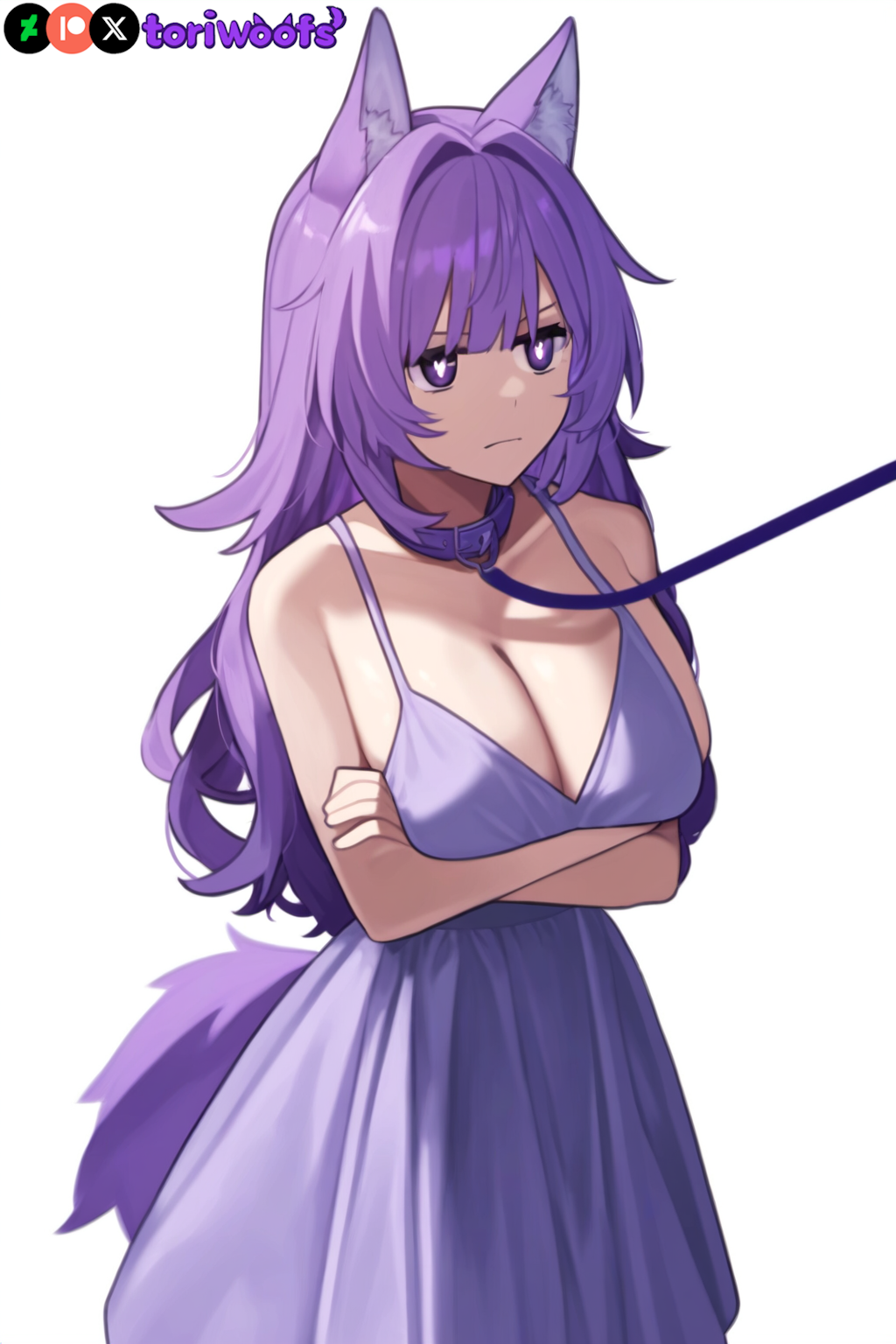 1girls ai_generated arms_crossed breasts collar curvy cute dog_ears dog_girl doggirl dress female female_only formal height_difference highres hips huge_breasts kemonomimi leash leash_pull light_skin light_skinned_female long_hair patreon_username petgirl petite purple_ears purple_eyes purple_hair purple_tail shortstack standing sundress thick_thighs thighs tori toriwoofs watermark wide_hips wolf_ears