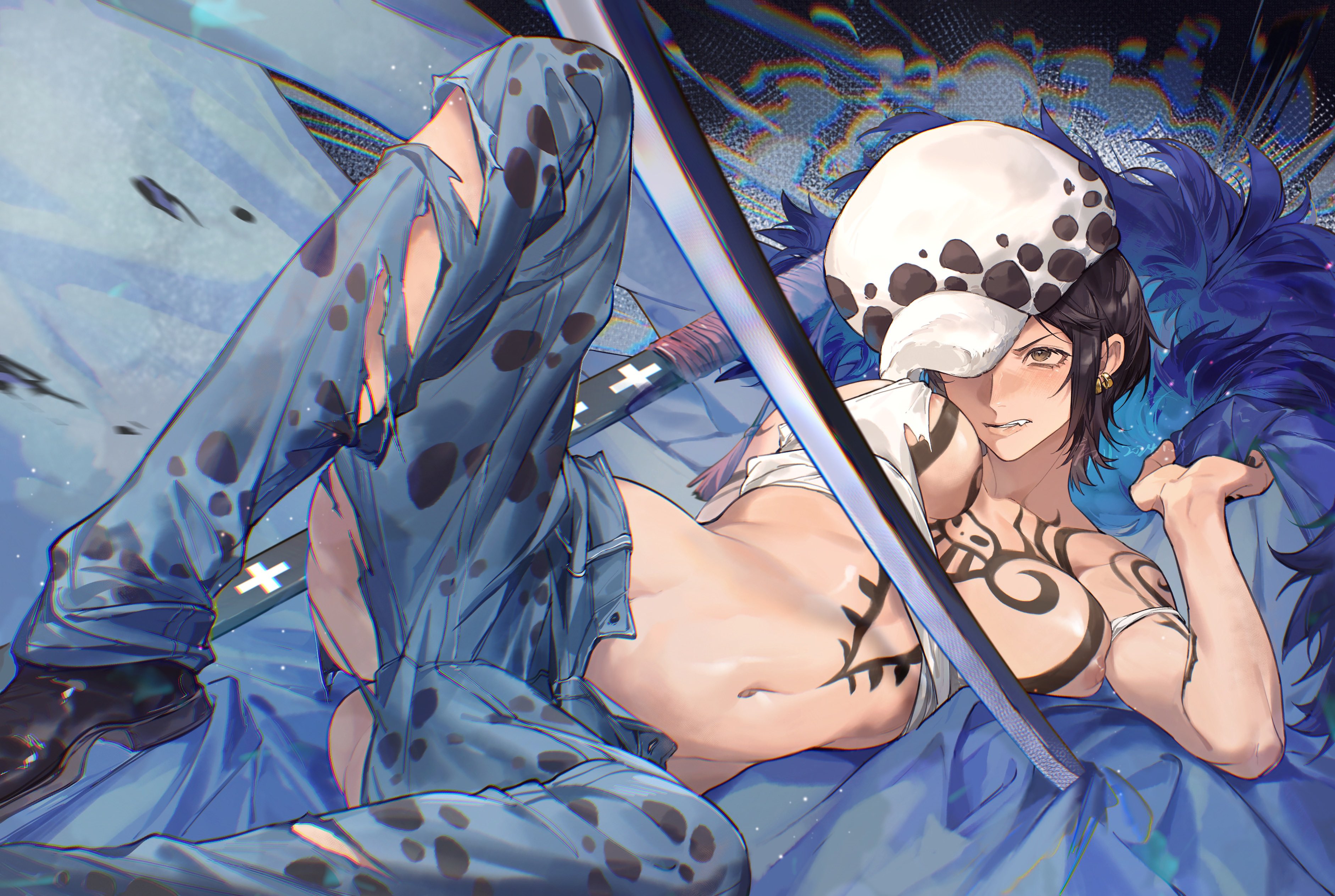 bare midriff, big breasts, biting lip, black hair, breasts, canon genderswap, cape, chest tattoo, cloak, female, female only, genderswap, genderswap (mtf), hat, jeans, jyukawa, katana, navel, no bra, on back, on side, one breast out, one piece, open pants, rule 63, short hair, solo, sword, tank top, tattoo, tattooed arm, tattoos, torn clothes, trafalgar law, trafalgar law (female)