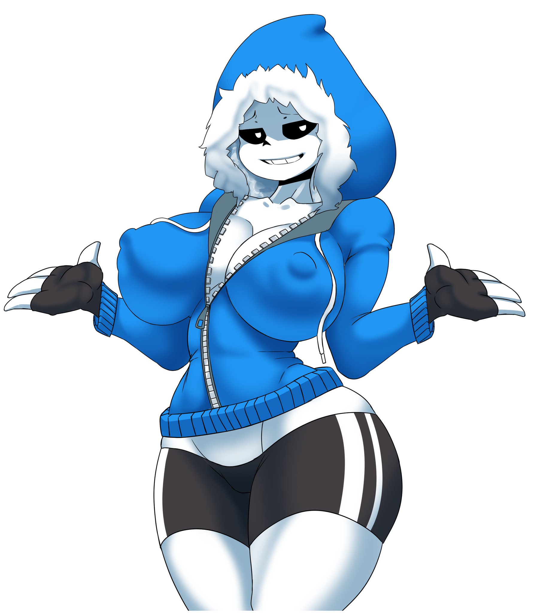 ashraely, ass, big ass, blue jacket, breasts, female, female sans, grin, hi res, jacket, nipples visible through clothing, rule 63, sans, sans (undertale), shrug, skeleton, thick thighs, undertale, undertale (series)