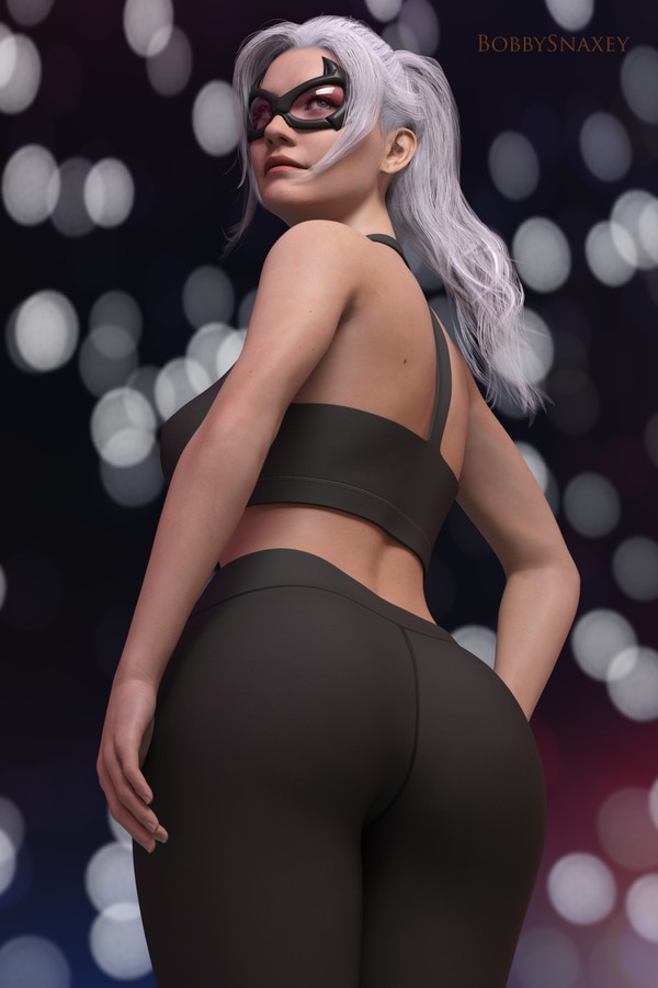 1girls, 3d, 3d (artwork), ass, back view, big ass, big butt, black cat (marvel), bobbysnaxey, cg, crop top, daz studio, eyewear, felicia hardy, female, female focus, female only, fully clothed, goggles, human, leggings, light skin, light-skinned female, long hair, looking back, marvel, marvel comics, ponytail, pose, silver hair, solo, solo female, solo focus, spider-man (ps4), spider-man (series), tight clothing, white hair