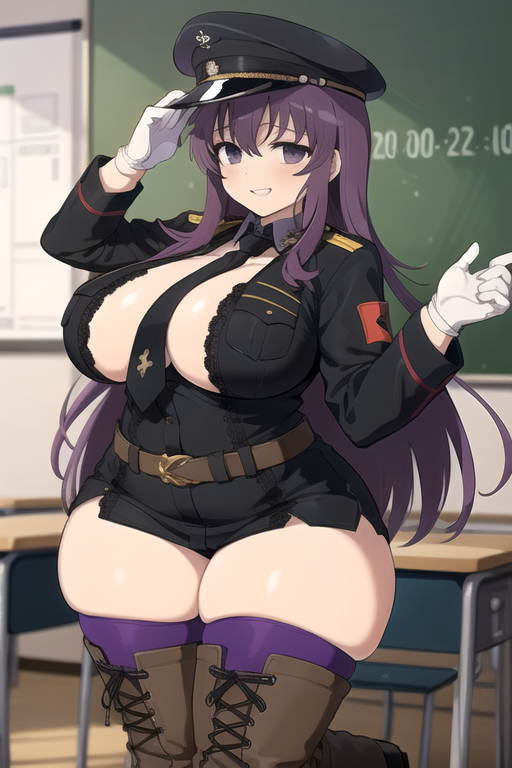 1girls ai_generated big_breasts cap cleavage cleavage_cutout curvy_female daidouji_(artist) eyes female female_only gloves hat huge_breasts knee_boots light-skinned_female light_skin long_hair marvelous military_hat military_jacket military_uniform murasaki_(senran_kagura) open_shirt purple_eyes purple_hair school_uniform schoolgirl senran_kagura senran_kagura_(series) standing stockings thick thick_thighs voluptuous wide_hips zettai_ryouiki