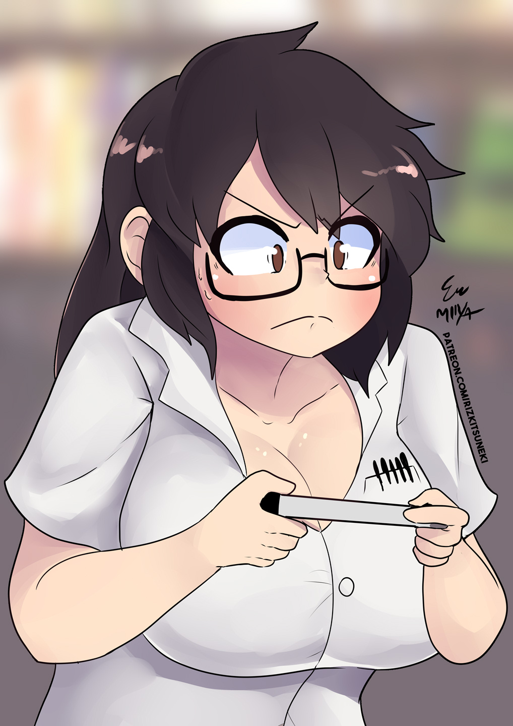 1girls angry angry_video_game_nerd avgn breast brown_eyes brown_hair cleavage female female_focus female_only genderbent glasses james_rolfe large_breasts long_hair miiyauwu nerdy_female nintendo_entertainment_system pen polo_shirt rizkitsuneki rule_63 white_polo_shirt