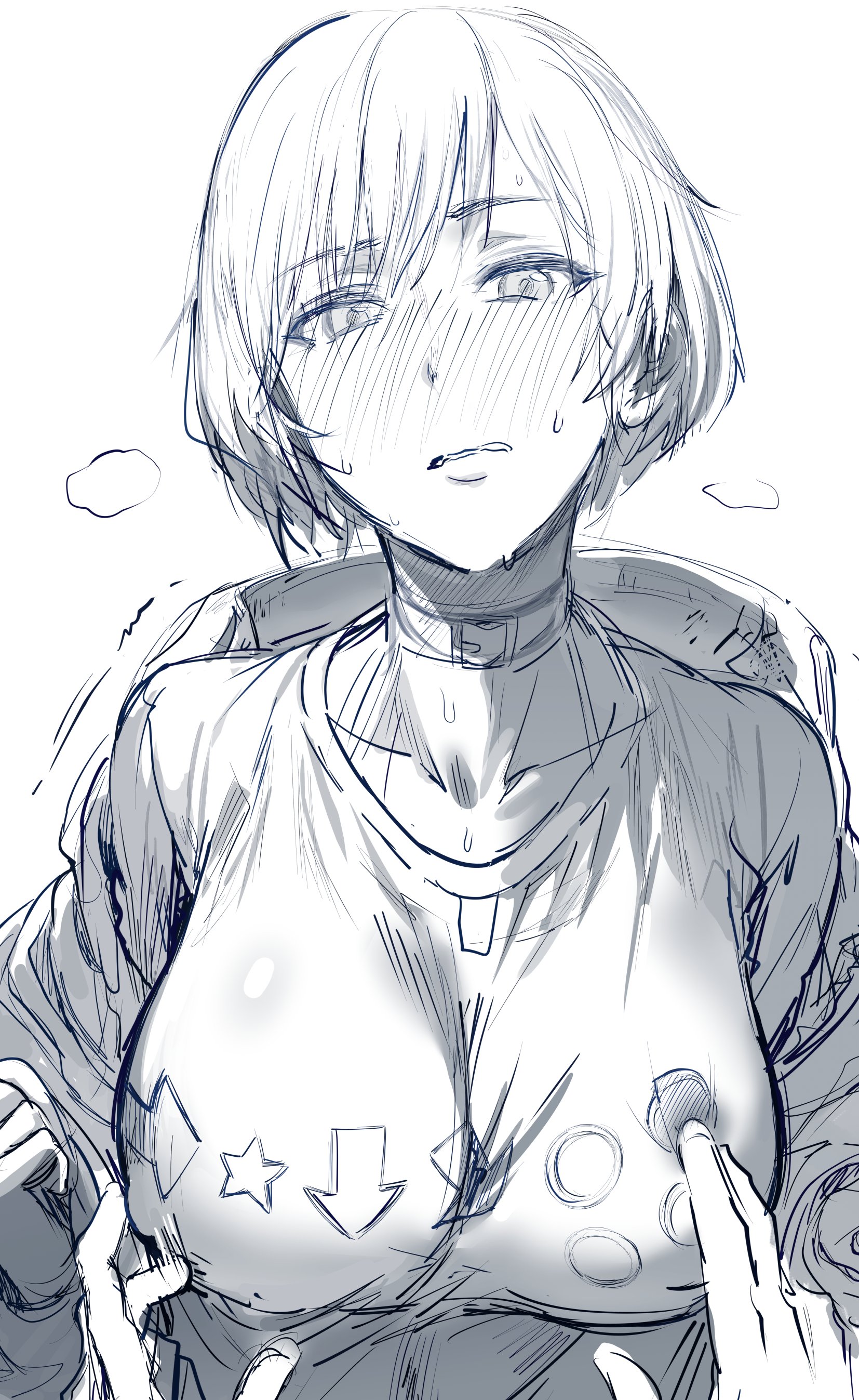 absurdres, blush, breast poke, breasts, choker, collarbone, commentary, covered nipples, female, greyscale, hews hack, highres, jacket, large breasts, long sleeves, looking at viewer, monochrome, motion lines, nipple stimulation, nipple tweak, off shoulder, open clothes, open jacket, poking, reina mishima, short hair, sketch, solo focus, tekken, tekken 8