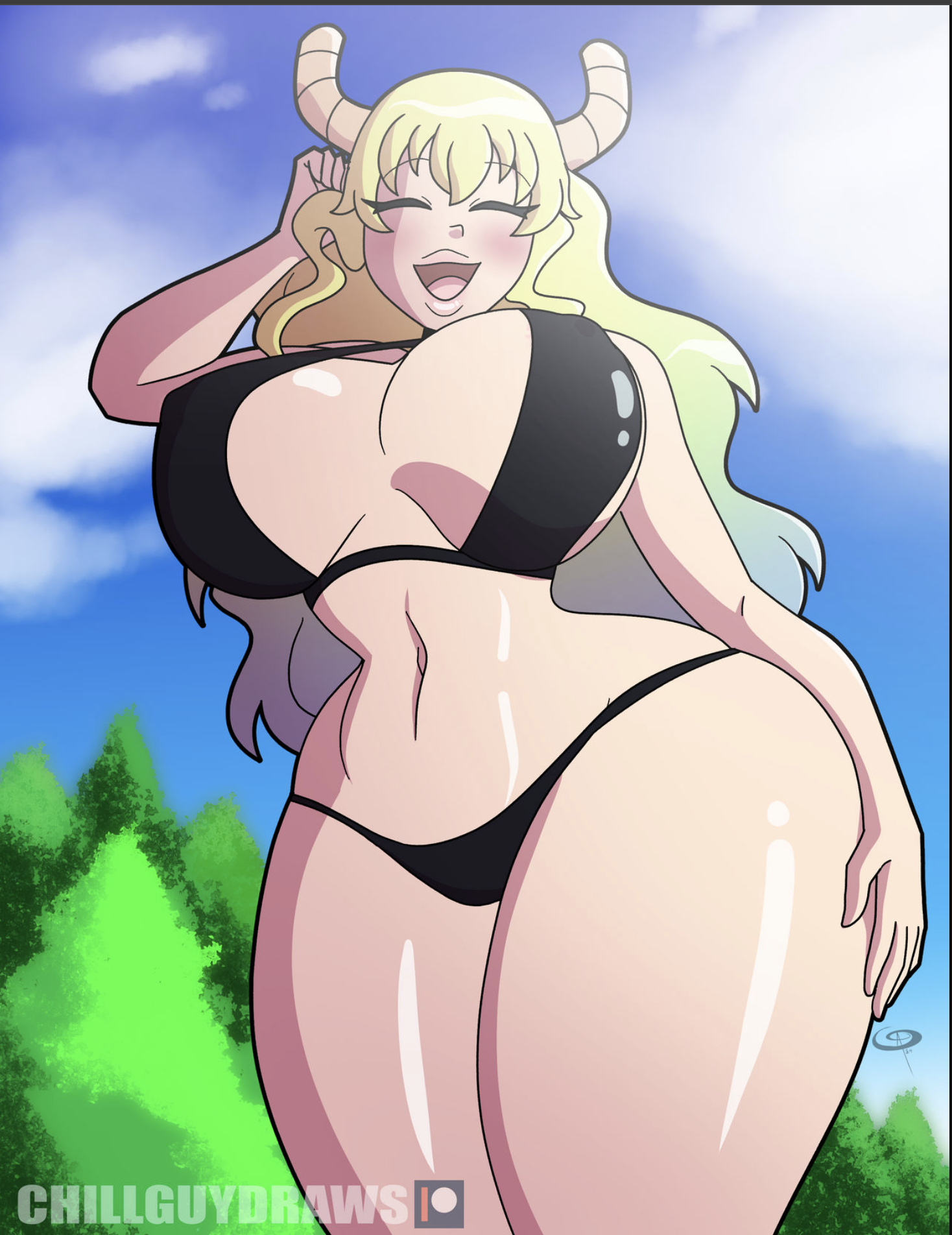 1girls, ass, black swimsuit, breasts, female, female only, frostbiteboi, large ass, large breasts, looking at viewer, lucoa, miss kobayashi's dragon maid, quetzalcoatl (miss kobayashi's dragon maid), solo, swimsuit