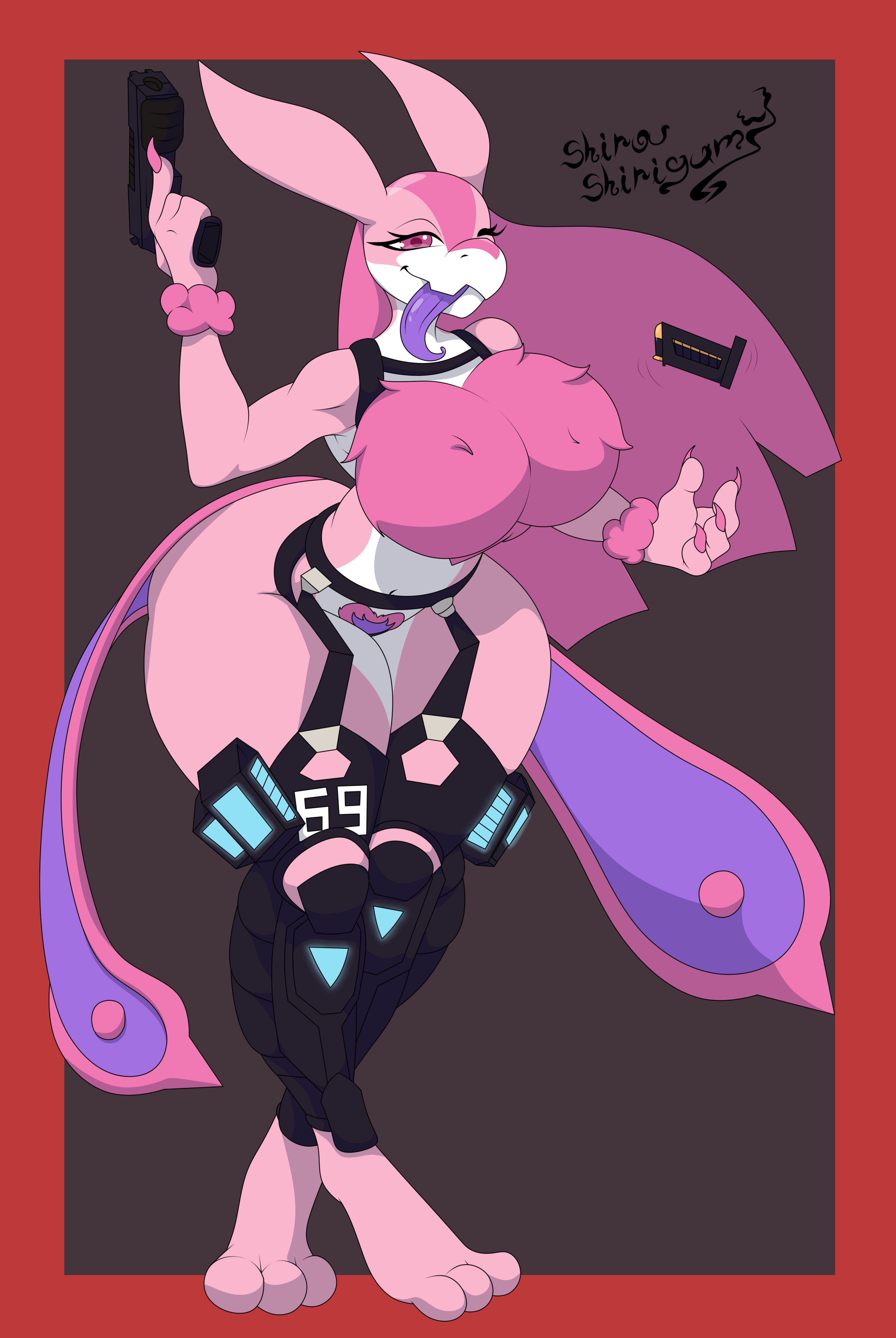 1girls, anthro, ass, big ass, big breasts, big thighs, breasts, female, female focus, female only, fur, furry, gigantic ass, gigantic thighs, gun, huge ass, huge breasts, huge thighs, lovander, pal (species), palworld, pink body, pink eyes, pink hair, shiroushirigamy, solo, tagme, thick hips, thick thighs, thighs, tongue, tongue out