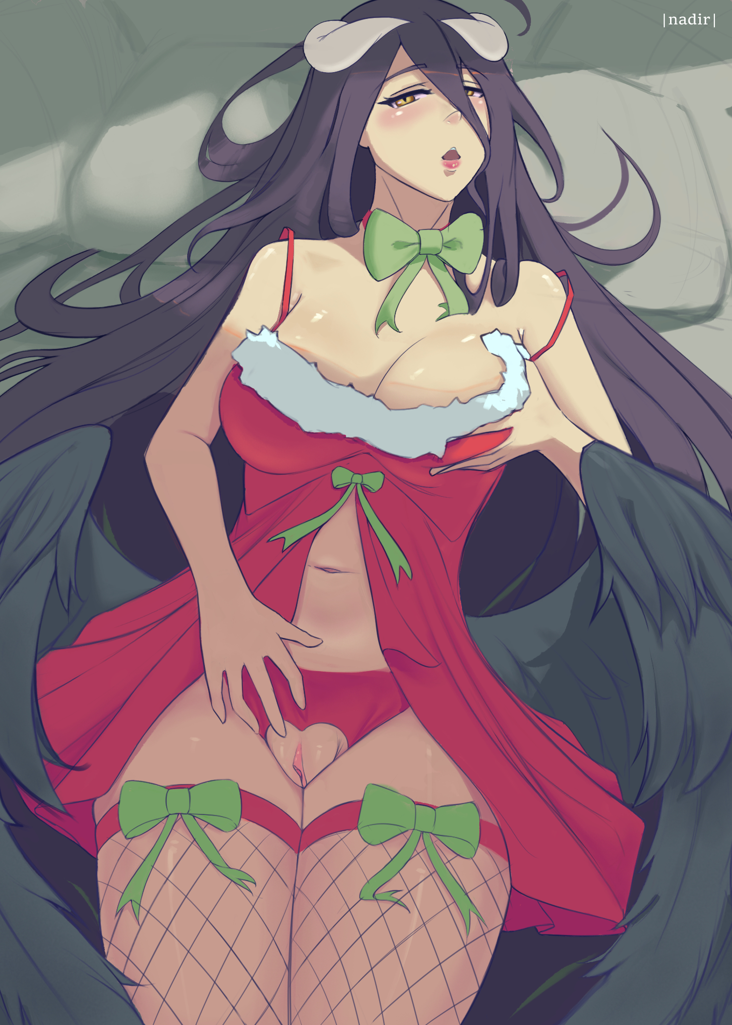 1girls, albedo (overlord), black hair, blush, bottomless, demon, female, fishnets, horns, long hair, looking at viewer, nadir, on bed, open mouth, overlord (maruyama), partially clothed, pussy, ribbon, solo, succubus, yellow eyes