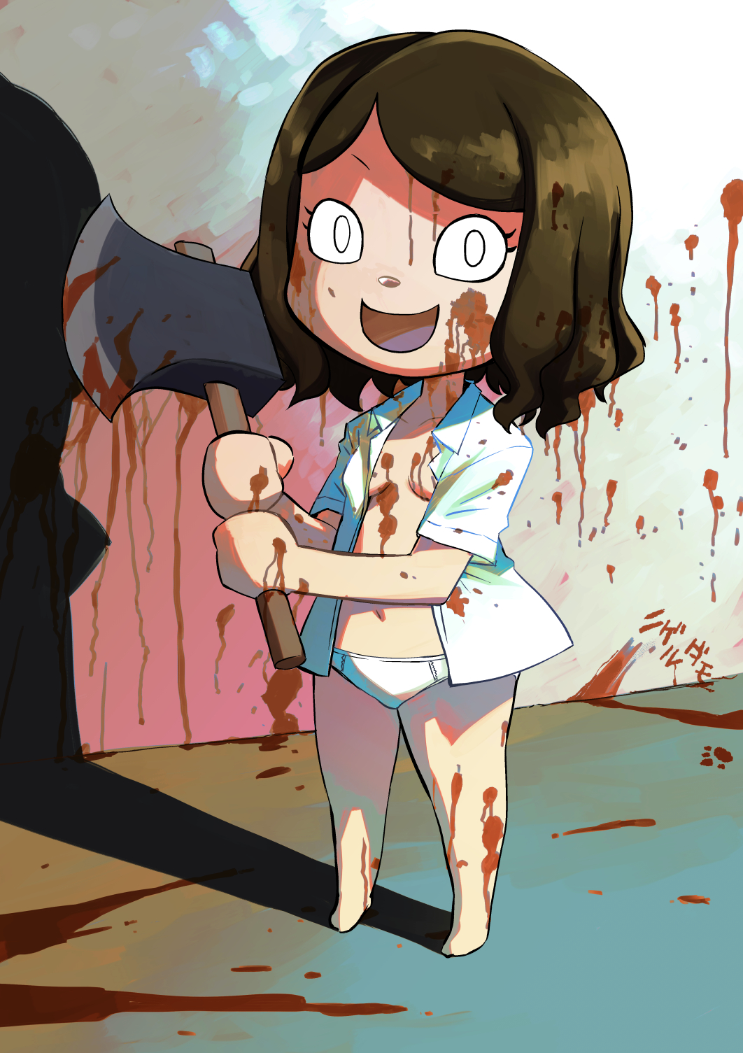 almost_naked animal_crossing animal_crossing_girl animal_crossing_new_horizons axe blood bloody_axe breasts cleavage crazy_eyes looking_at_viewer mad mob_face muramasa_mikado murana_(muramasa_mikado) nintendo only_player open_shirt panties psychopath scary smiling smiling_at_viewer source_request villager_(animal_crossing) white_panties year_request