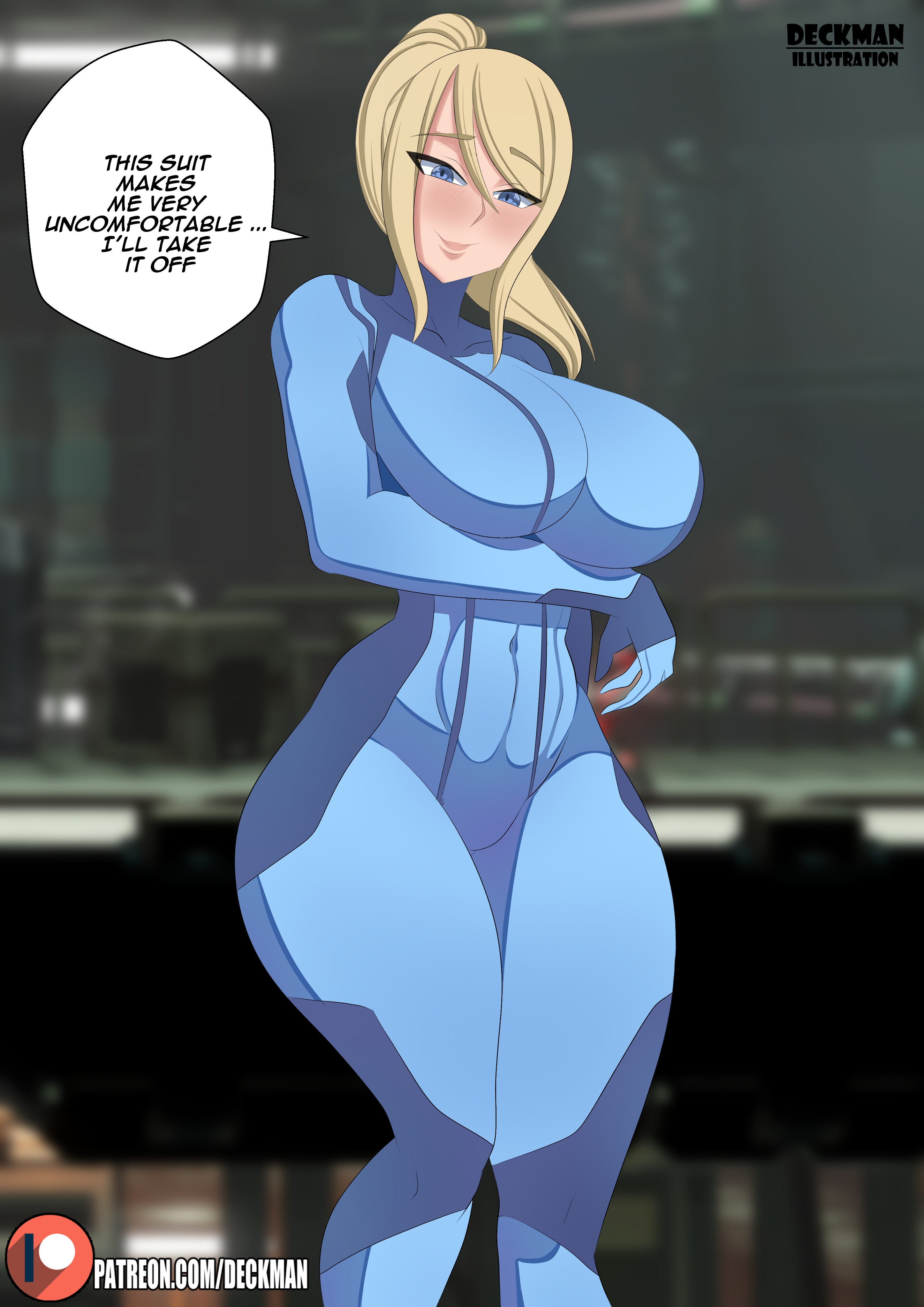 1girls, alternate version available, arm under breasts, bimbo, blonde hair, blue eyes, bodysuit, breasts, clothed, curvy, deckman, female, female only, hourglass figure, large breasts, looking at viewer, metroid, mrdeck, nintendo, ponytail, samus aran, skin tight, smile, solo, speech bubble, text, tight clothing, voluptuous, zero suit, zero suit samus