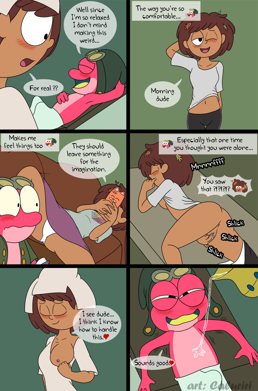 amphibia amphibia_(series) amphibian anne_boonchuy anus ass black_eyes blush breasts brown_hair caluriri clothing comic disney english_text frog genitals hair heart hi_res human leaf leaf_in_hair male mammal masturbation nipples open_mouth panties phone pink_body pussy semi-anthro size_difference sound_effects spa sprig_plantar straight_hair teenage_girl text towel_around_waist towel_only towel_wrap underwear vaginal_masturbation vaginal_penetration