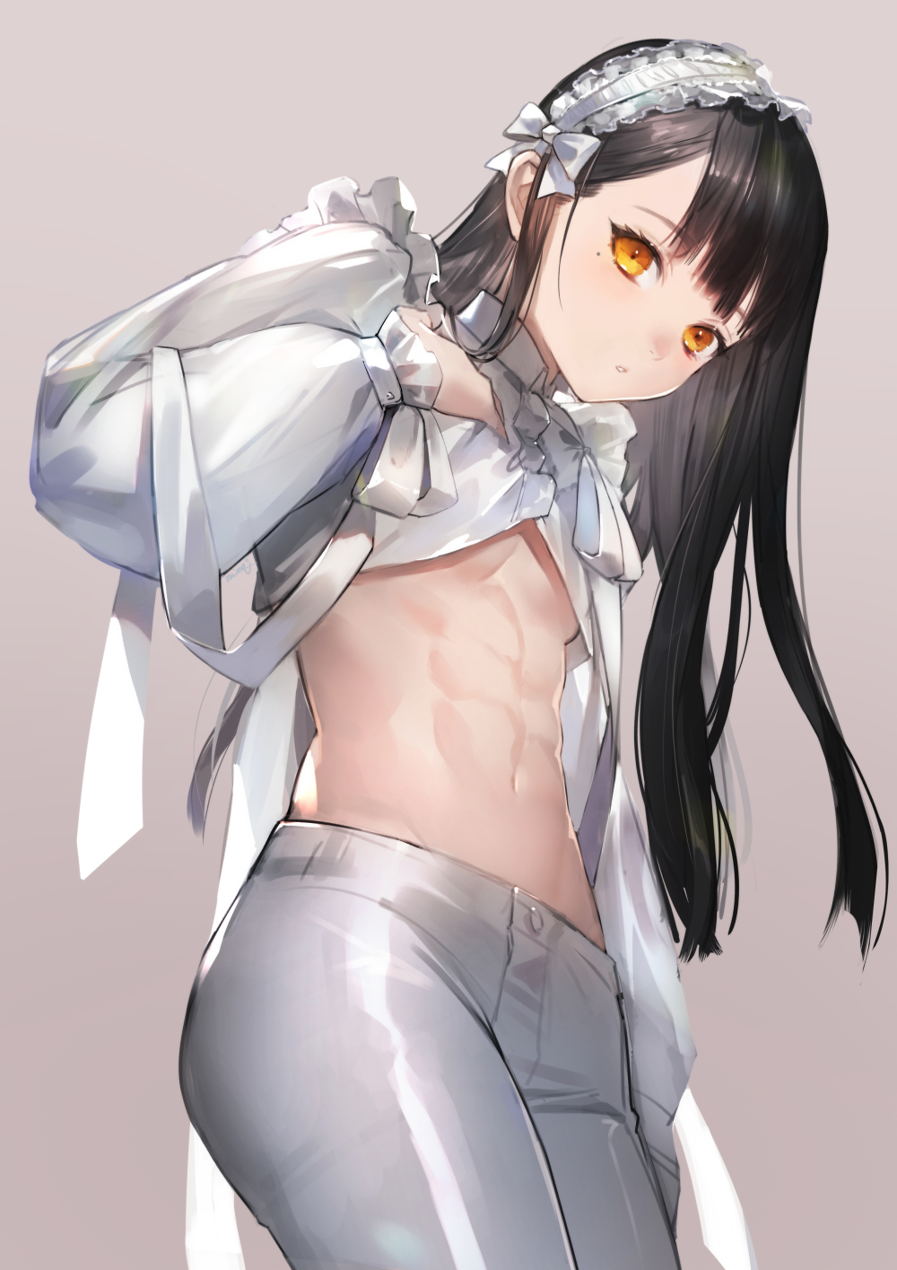 1girls abs black_hair clothed clothing female flat_chest frills hair_band light-skinned_female light_skin looking_at_viewer midriff mole mole_under_eye nima_(niru54) original revealing_clothes shrug_(clothing) six_pack small_breasts solo stomach thighs toned toned_female underboob yellow_eyes