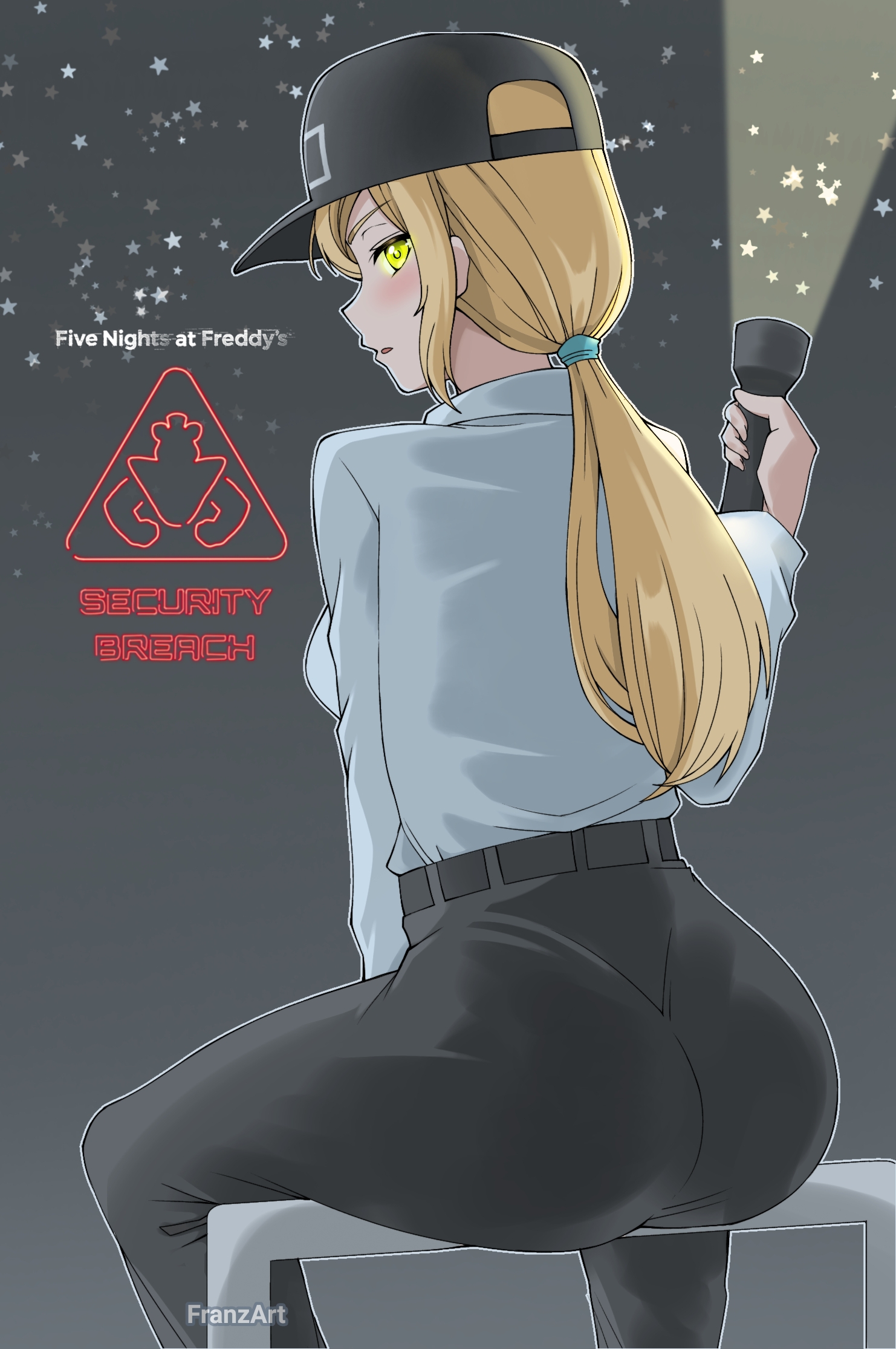 ass, blonde hair, breasts, female, five nights at freddy's, five nights at freddy's: security breach, flashlight, franz-art, looking back, solo, vanessa (fnaf)