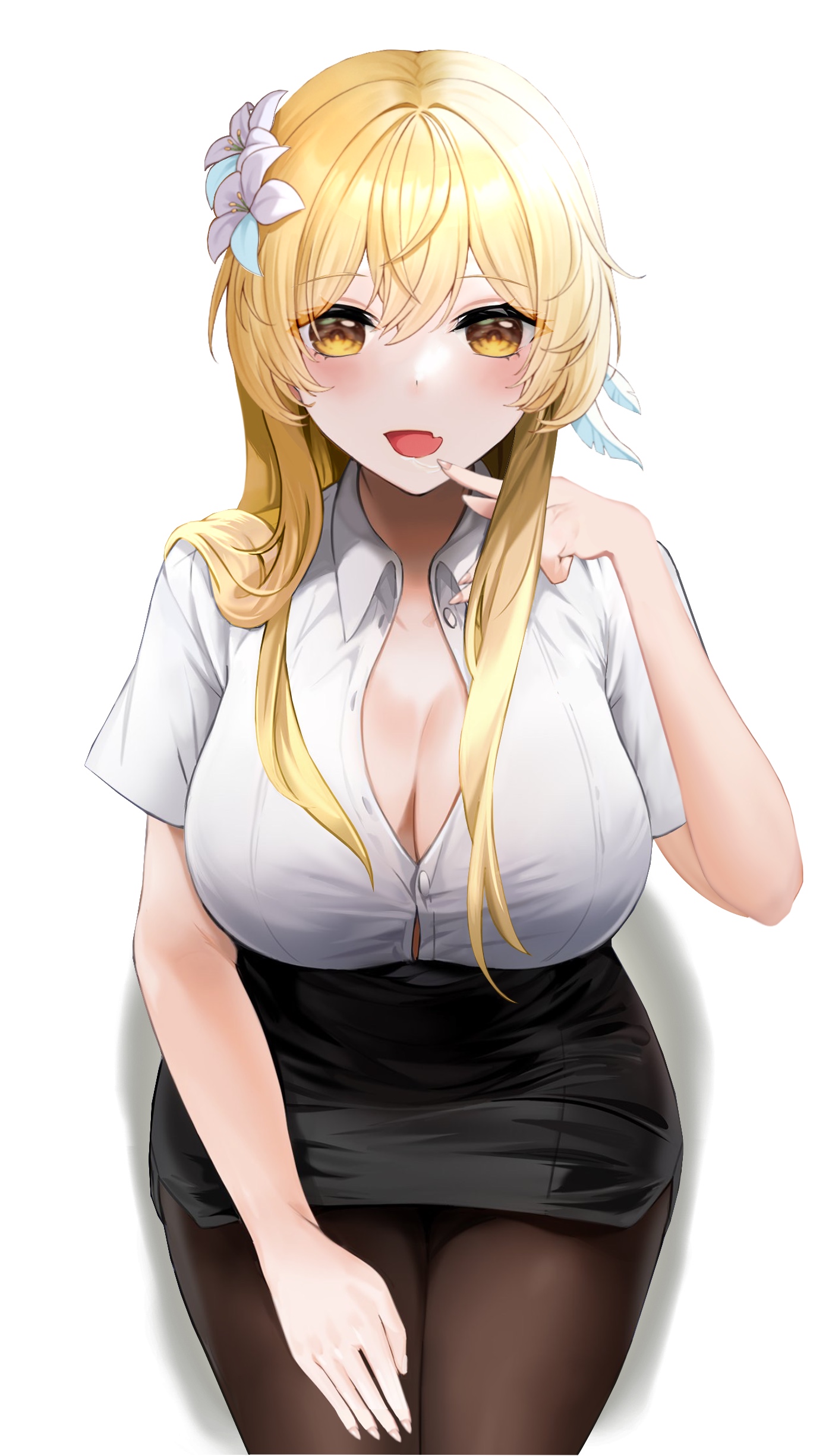 1girls, absurd res, bangs, big breasts, black legwear, black skirt, blonde, blonde hair, blush, breasts, brown eyes, cleavage, female, flower, flower in hair, genshin impact, gigantic breasts, hair between eyes, hand on thigh, hi res, highres, huge breasts, large breasts, leggings, looking at viewer, lumine (genshin impact), mouth open, niduannowu, office lady, open mouth, plain background, short hair, simple background, solo, thick, thick thighs, thighs, tight clothing, tongue, white background, white shirt, yellow eyes